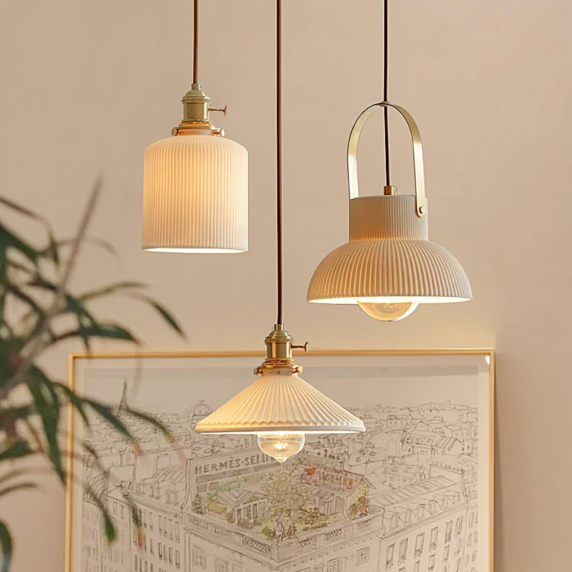 Pendant Lamp Ribbed White Ceramic with Brass Handle