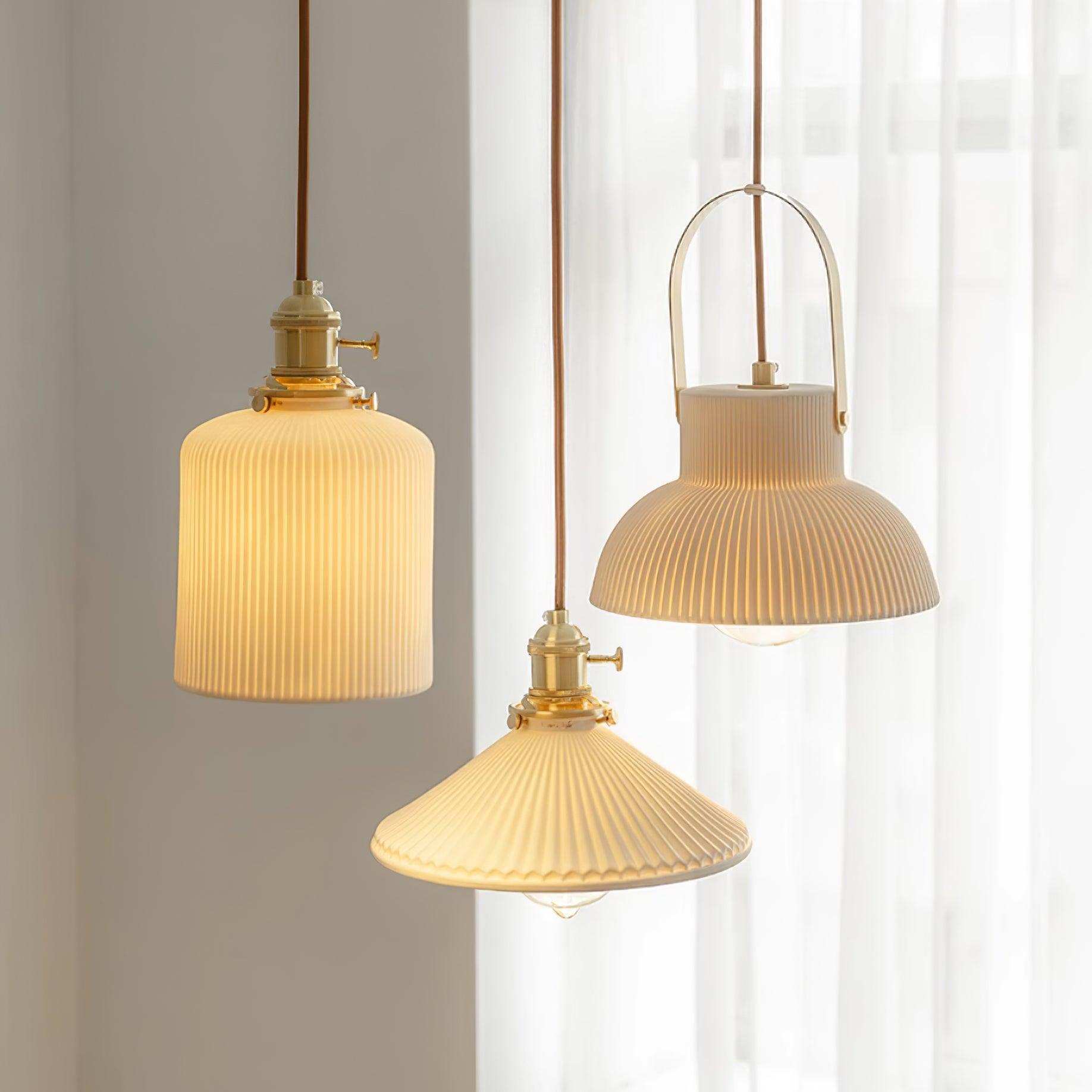 Pendant Lamp Ribbed White Ceramic with Brass Handle