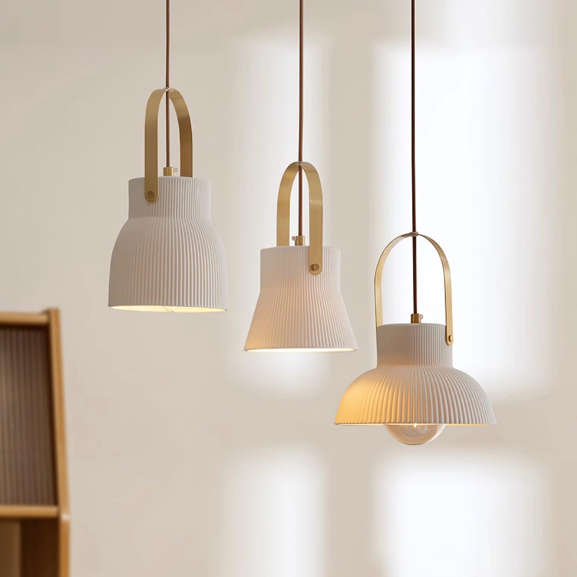 Pendant Lamp Ribbed White Ceramic with Brass Handle