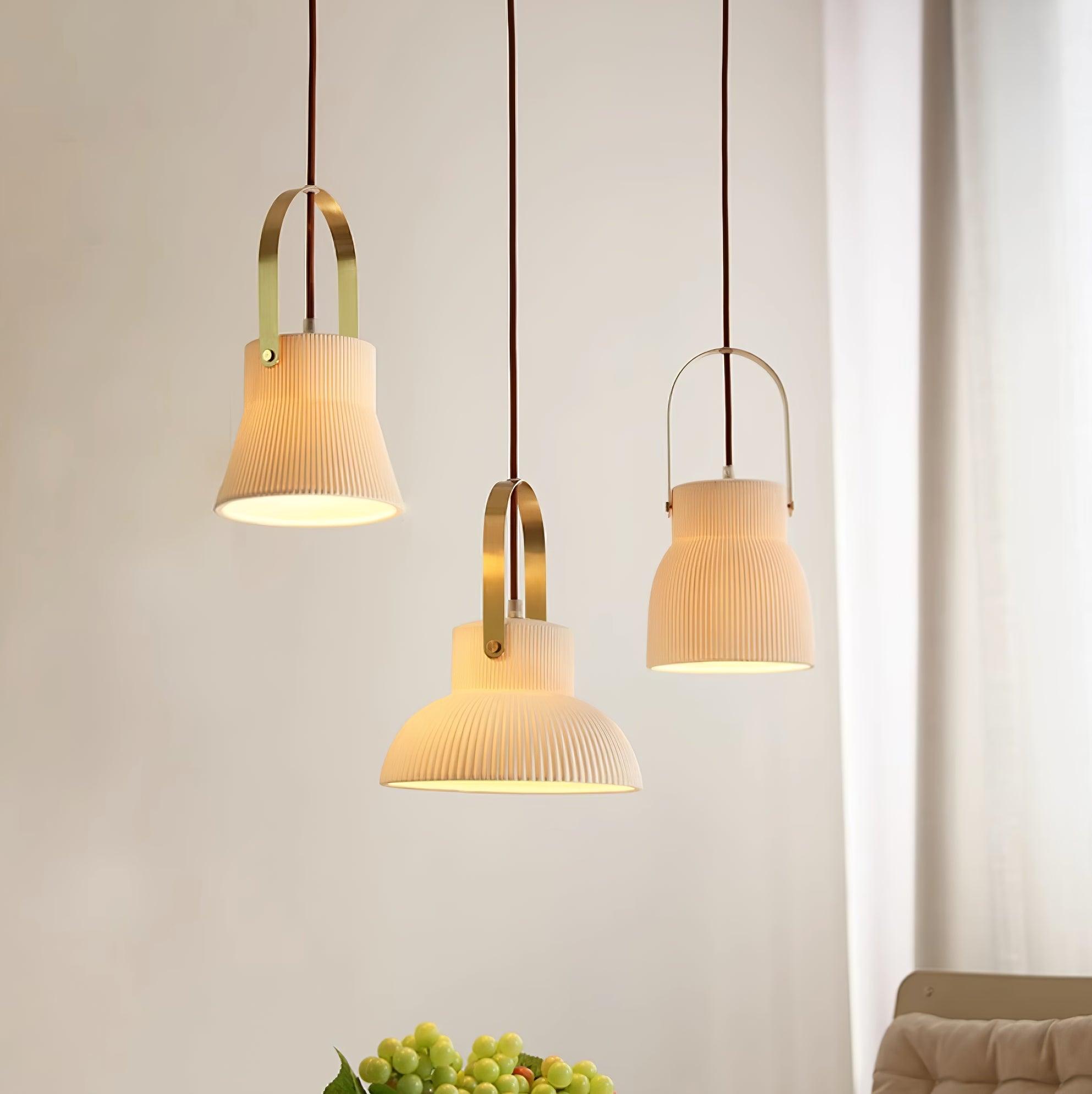 Pendant Lamp Ribbed White Ceramic with Brass Handle