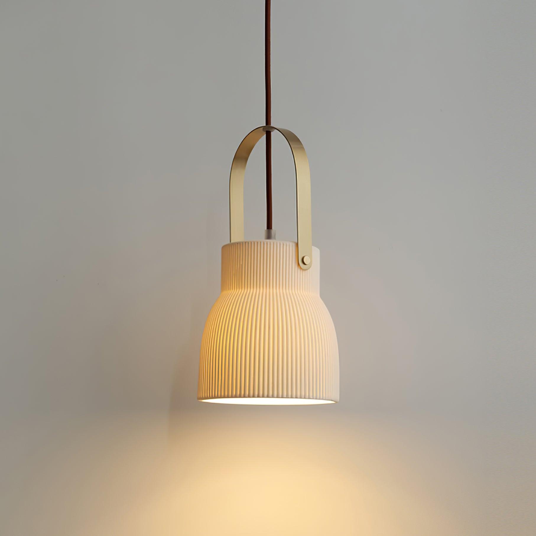 Pendant Lamp Ribbed White Ceramic with Brass Handle