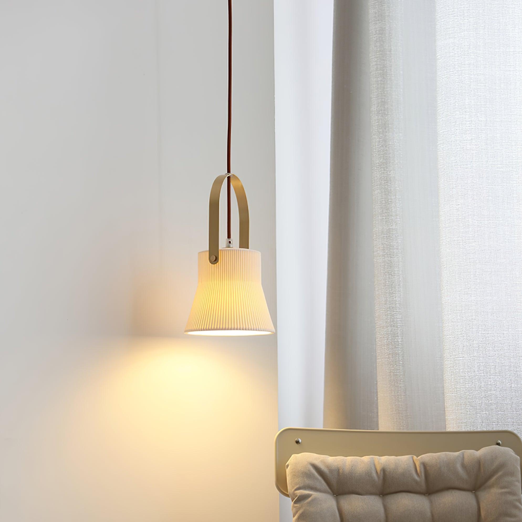 Pendant Lamp Ribbed White Ceramic with Brass Handle