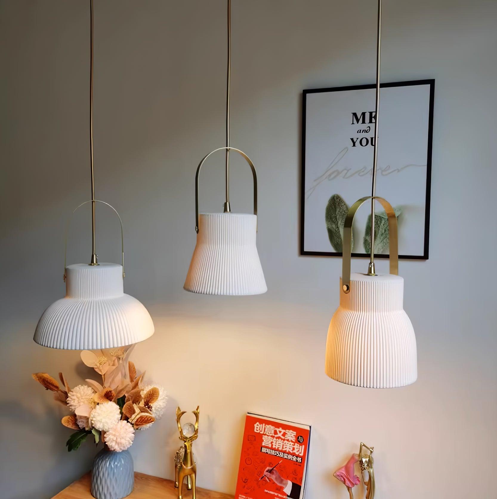 Pendant Lamp Ribbed White Ceramic with Brass Handle