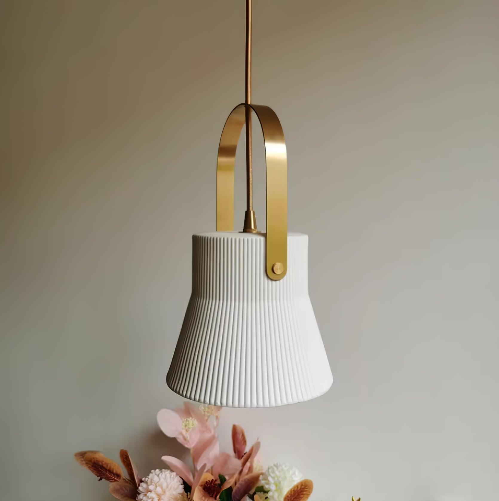 Pendant Lamp Ribbed White Ceramic with Brass Handle