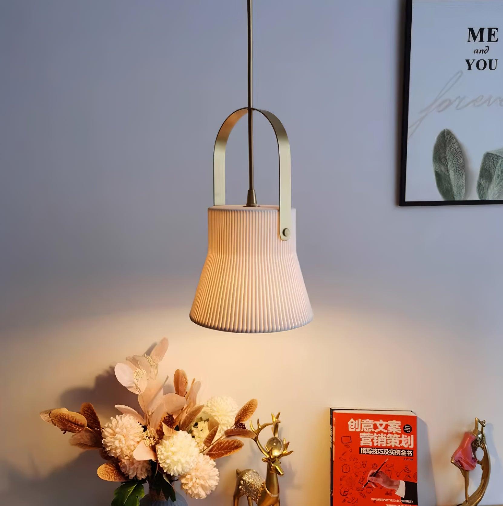 Pendant Lamp Ribbed White Ceramic with Brass Handle
