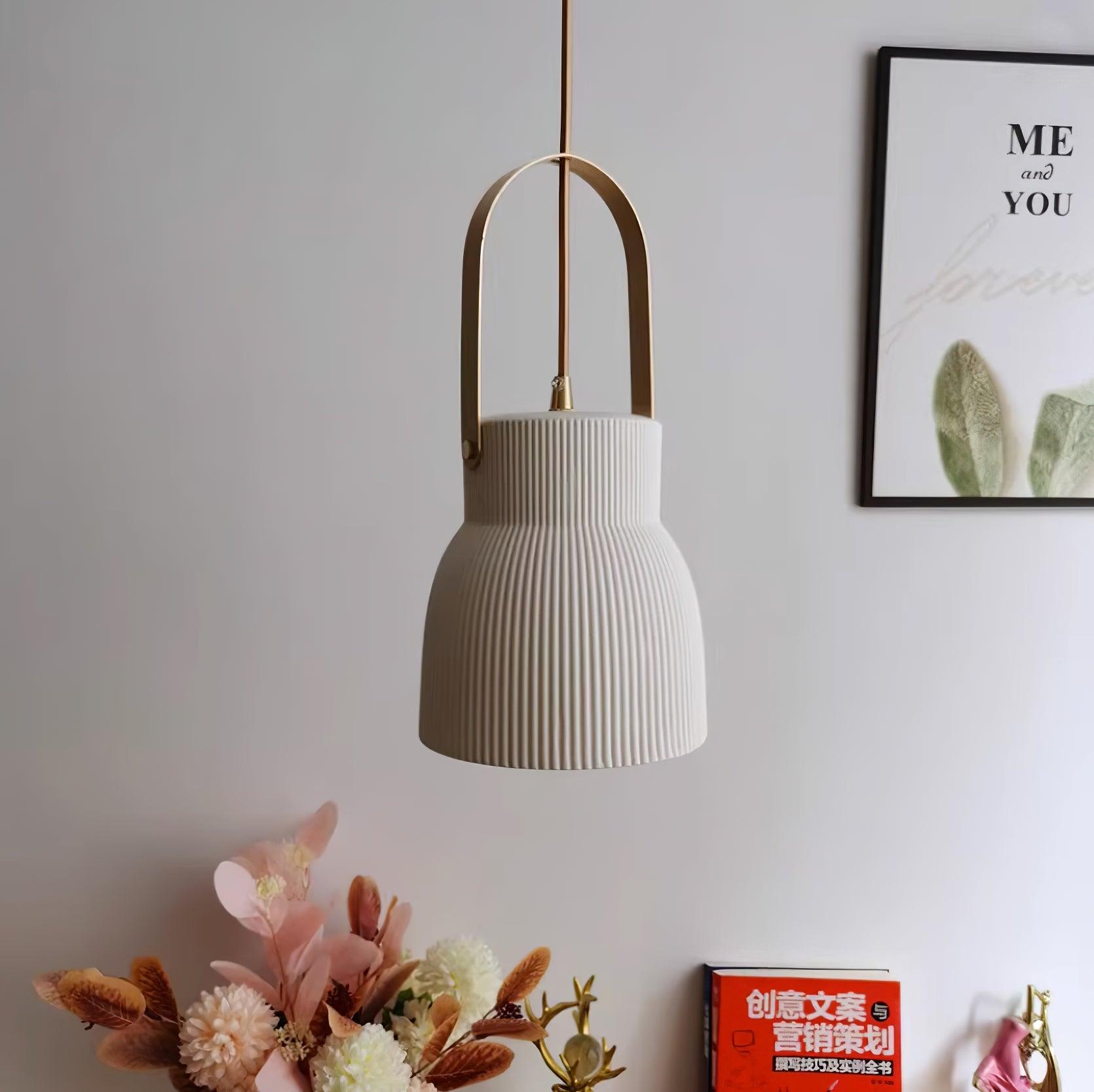 Pendant Lamp Ribbed White Ceramic with Brass Handle