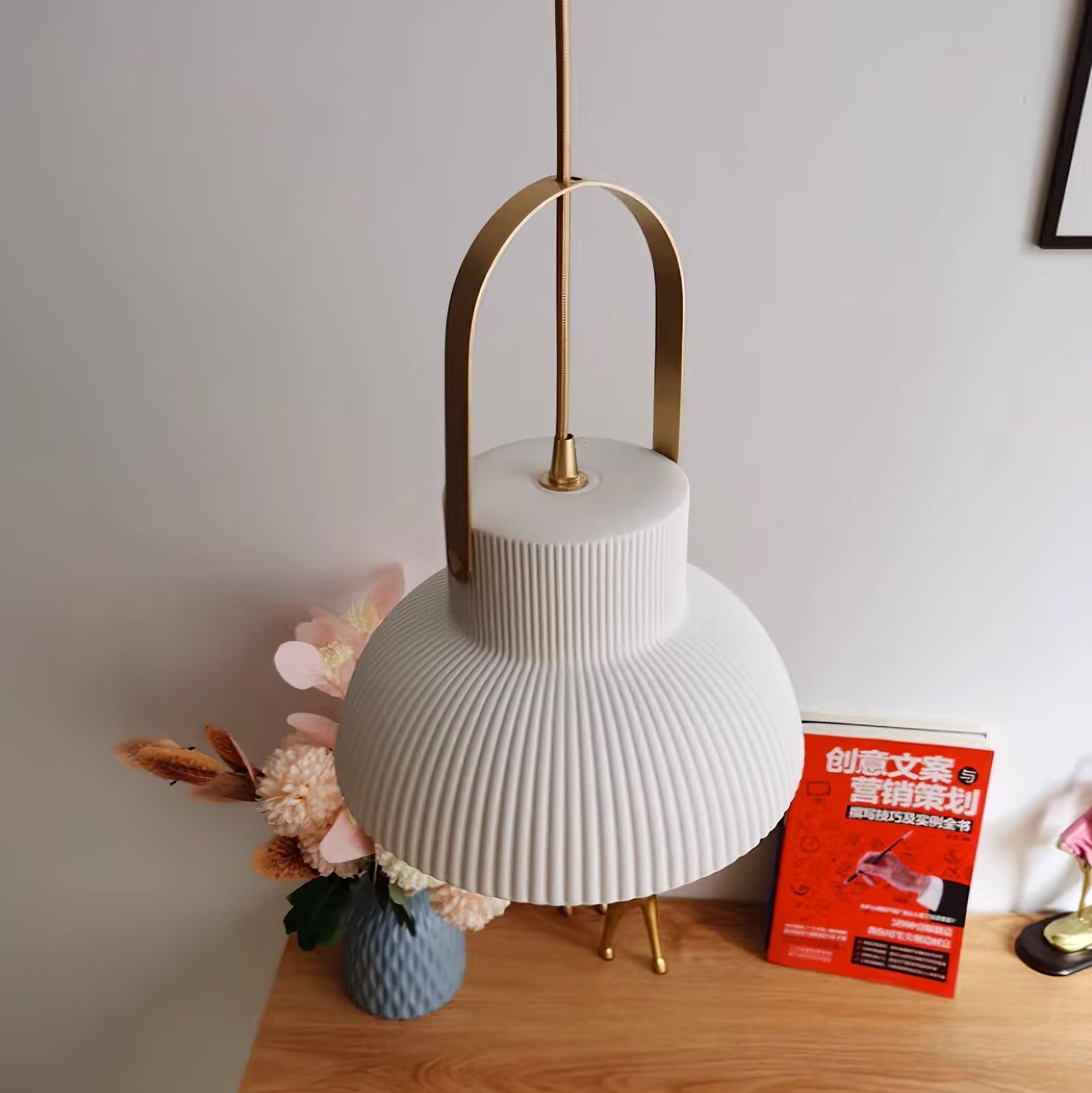 Pendant Lamp Ribbed White Ceramic with Brass Handle
