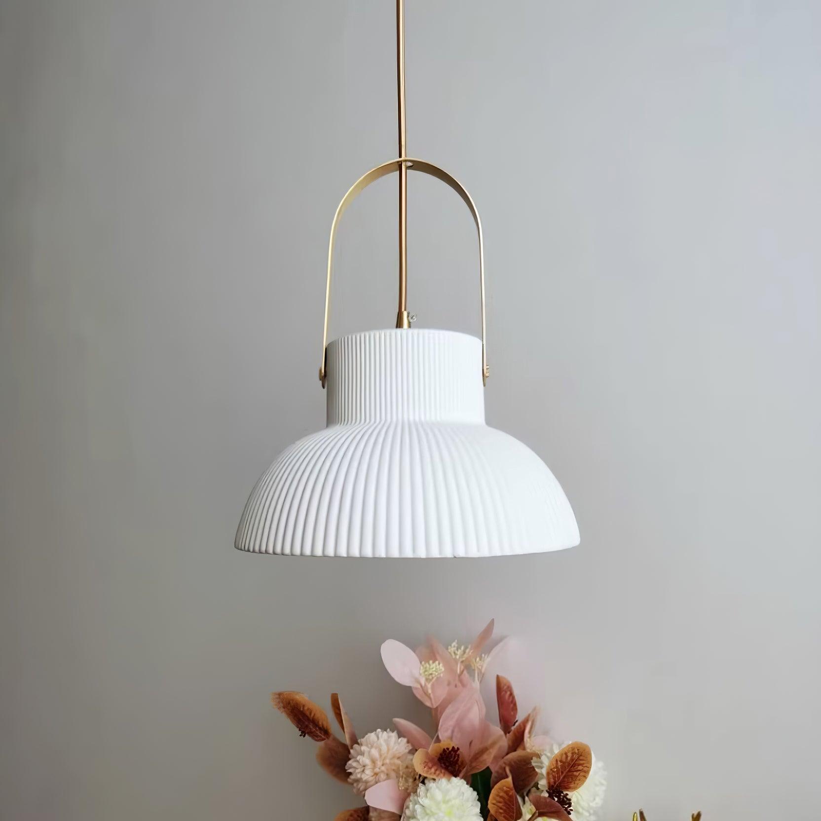 Pendant Lamp Ribbed White Ceramic with Brass Handle