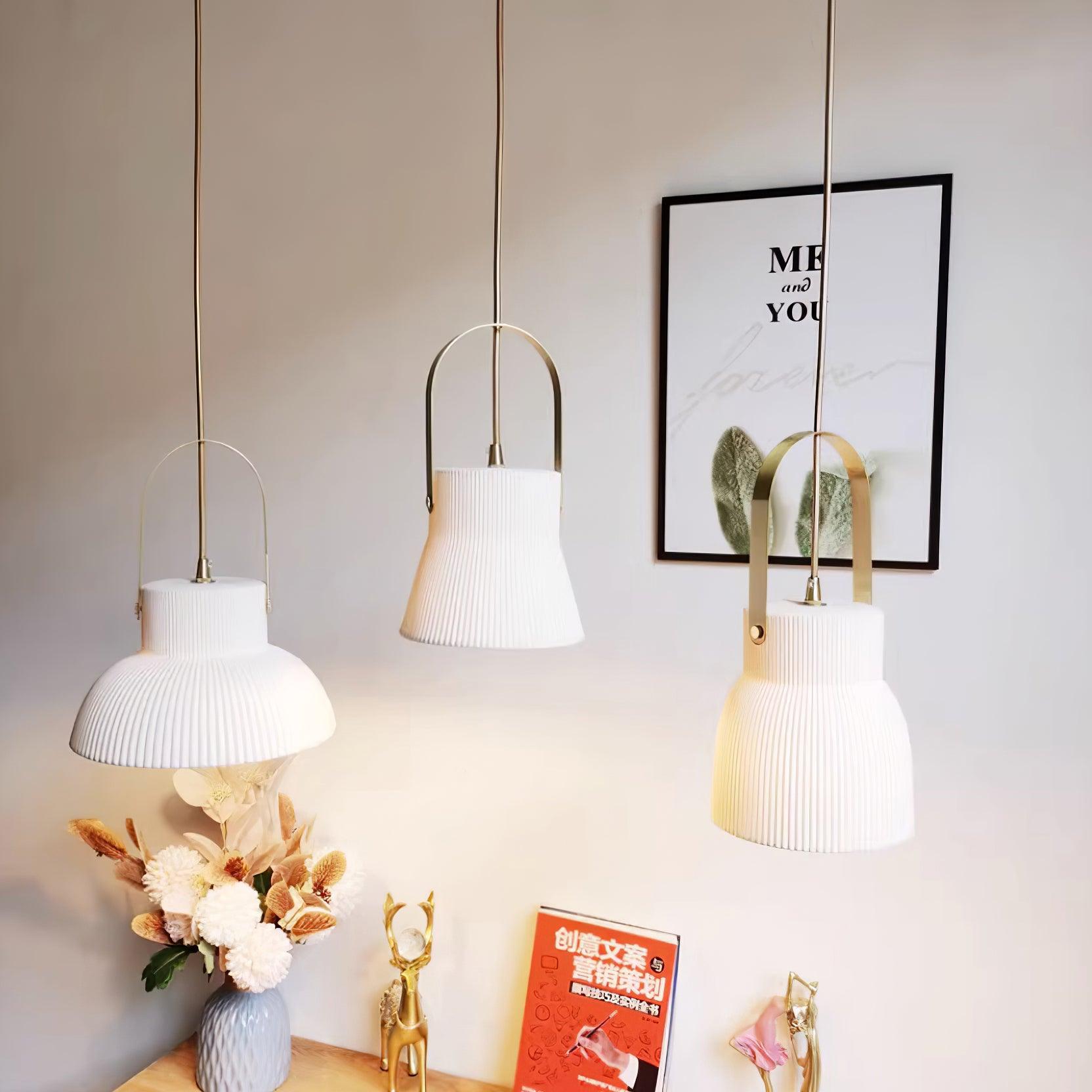 Pendant Lamp Ribbed White Ceramic with Brass Handle