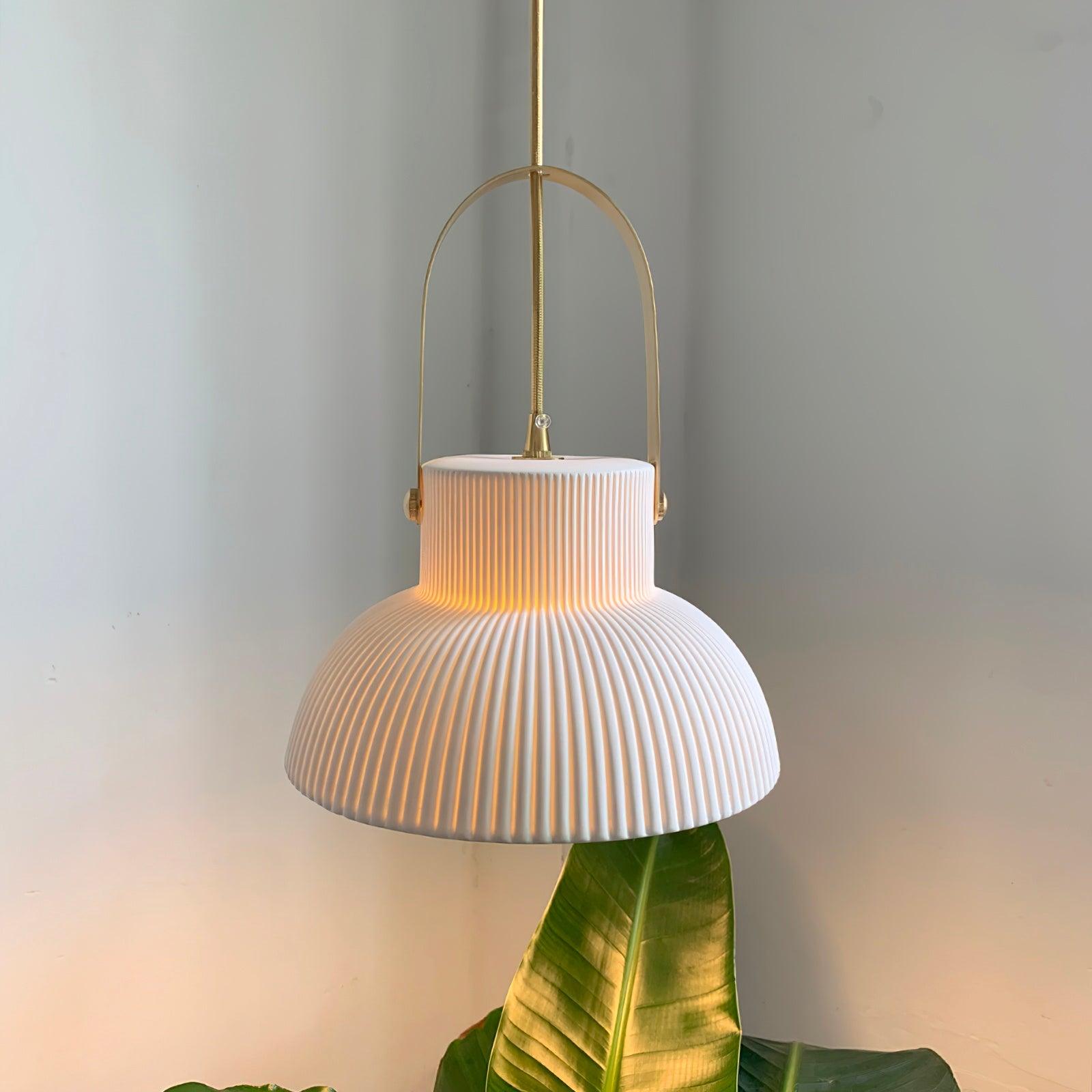 Pendant Lamp Ribbed White Ceramic with Brass Handle