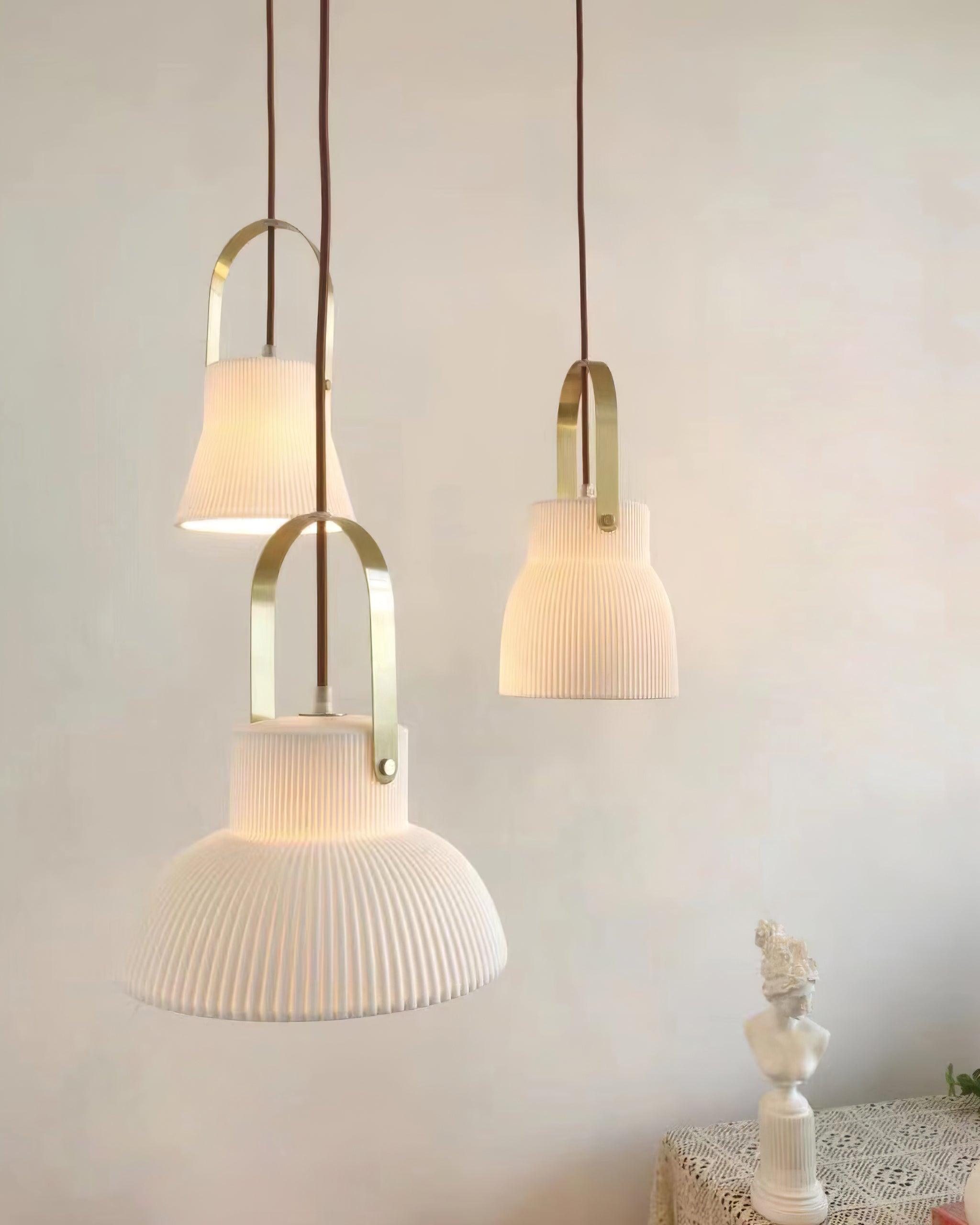 Pendant Lamp Ribbed White Ceramic with Brass Handle