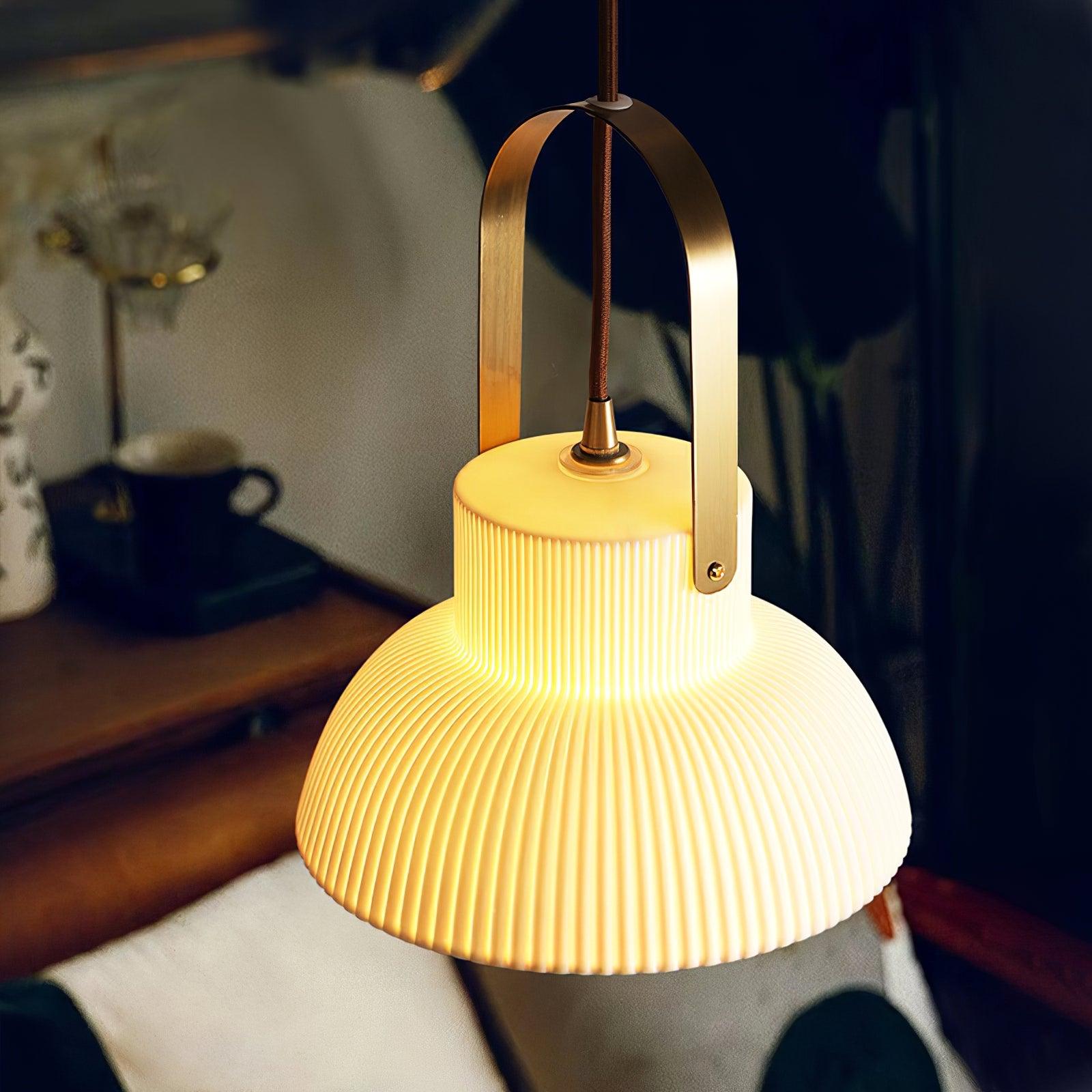 Pendant Lamp Ribbed White Ceramic with Brass Handle