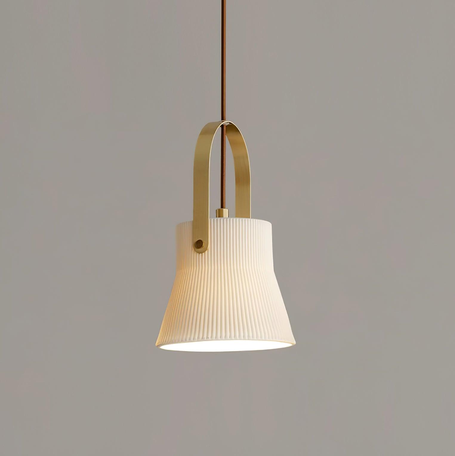 Pendant Lamp Ribbed White Ceramic with Brass Handle