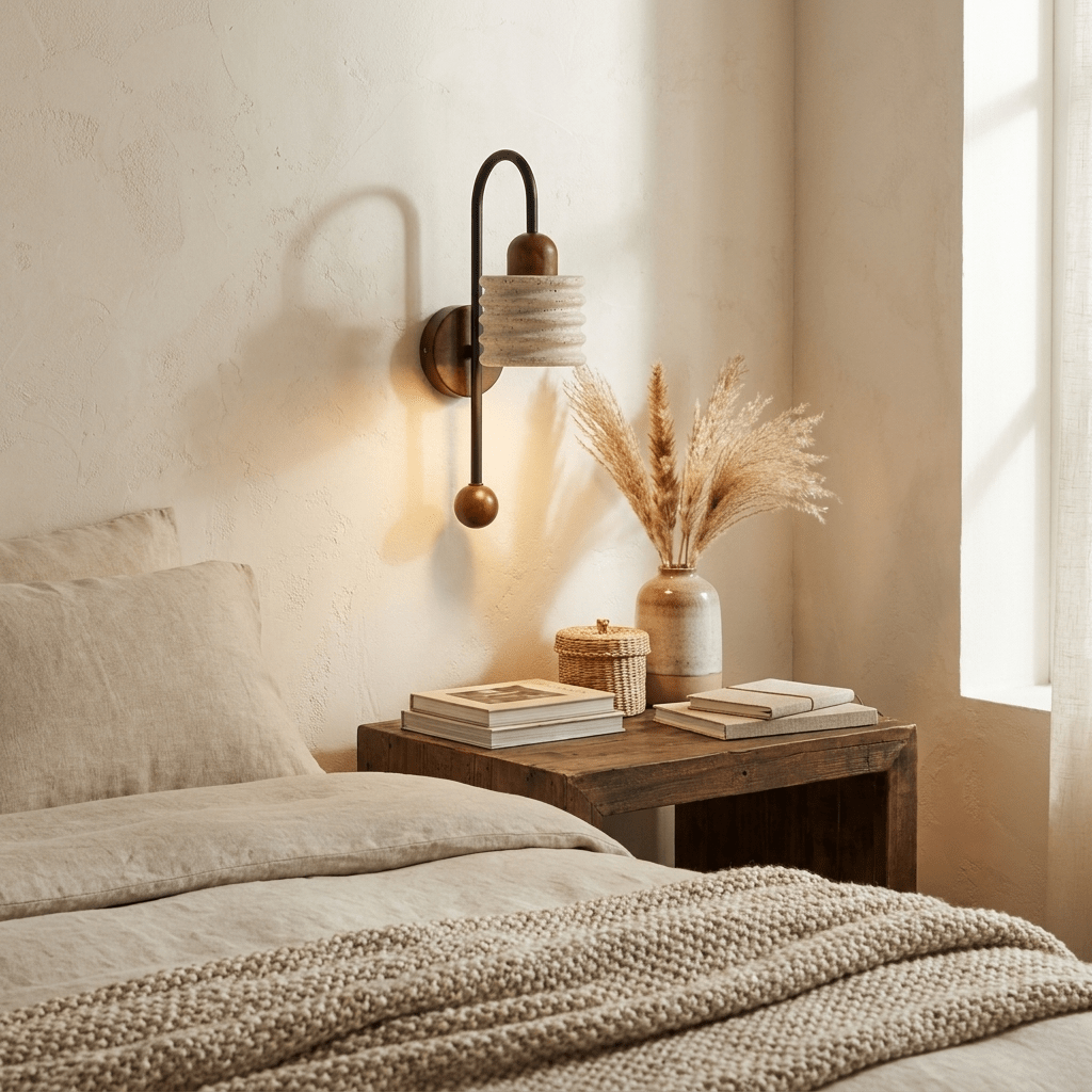 Ribbed Travertine Arc Sconce-Neutral Decor