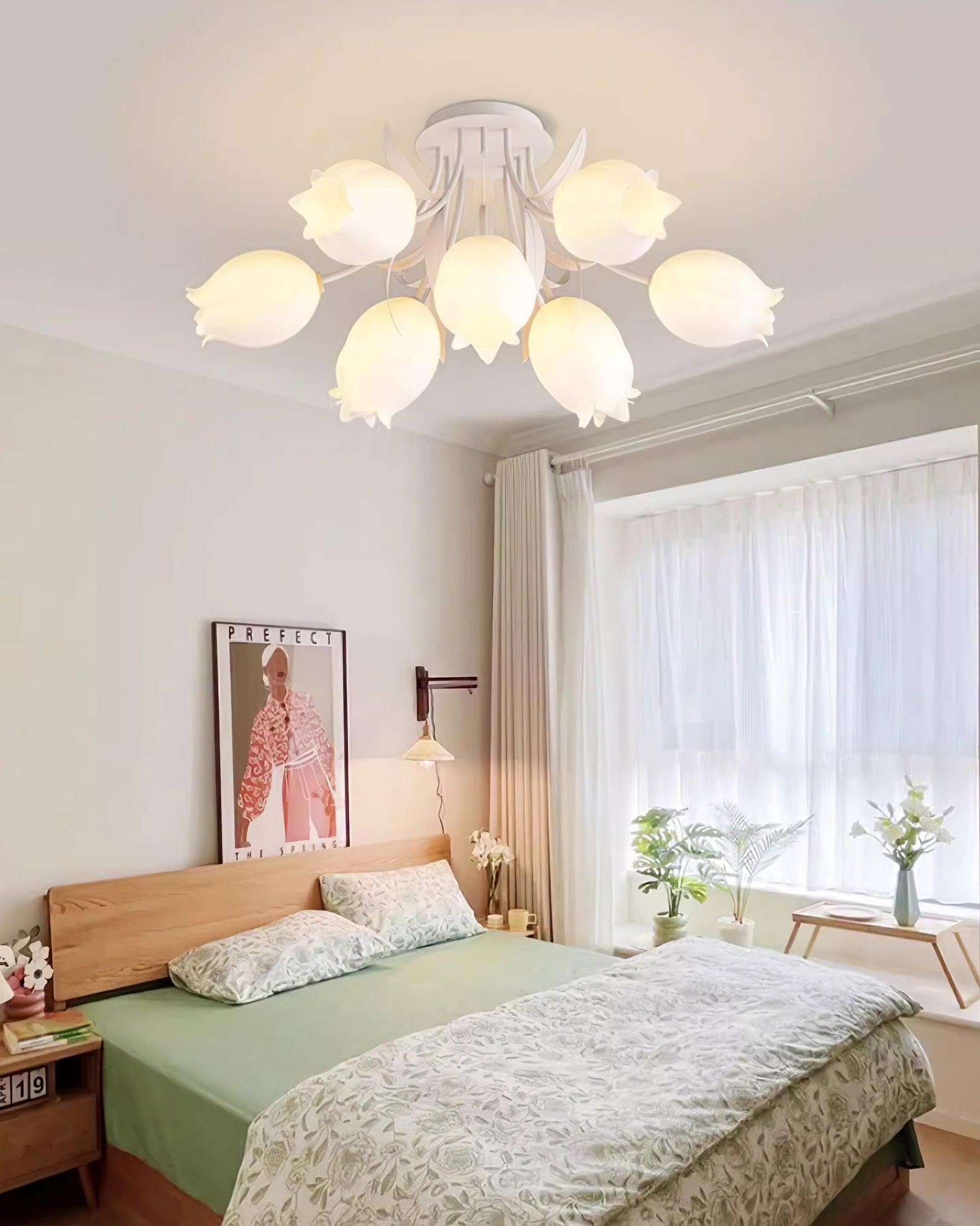 Ivory Ceiling Light Lily Flower Blossom Green Base-Neutral Decor