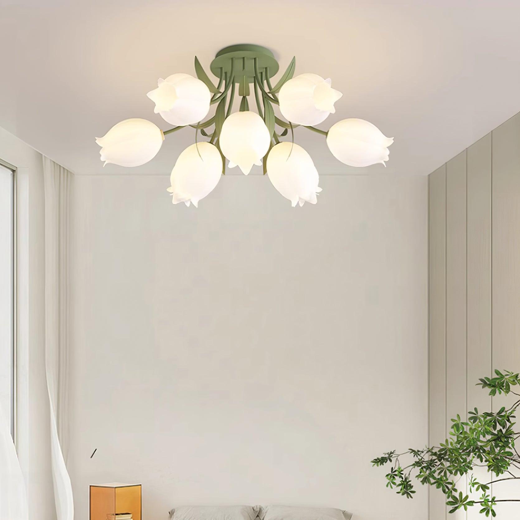 Ivory Ceiling Light Lily Flower Blossom Green Base-Neutral Decor