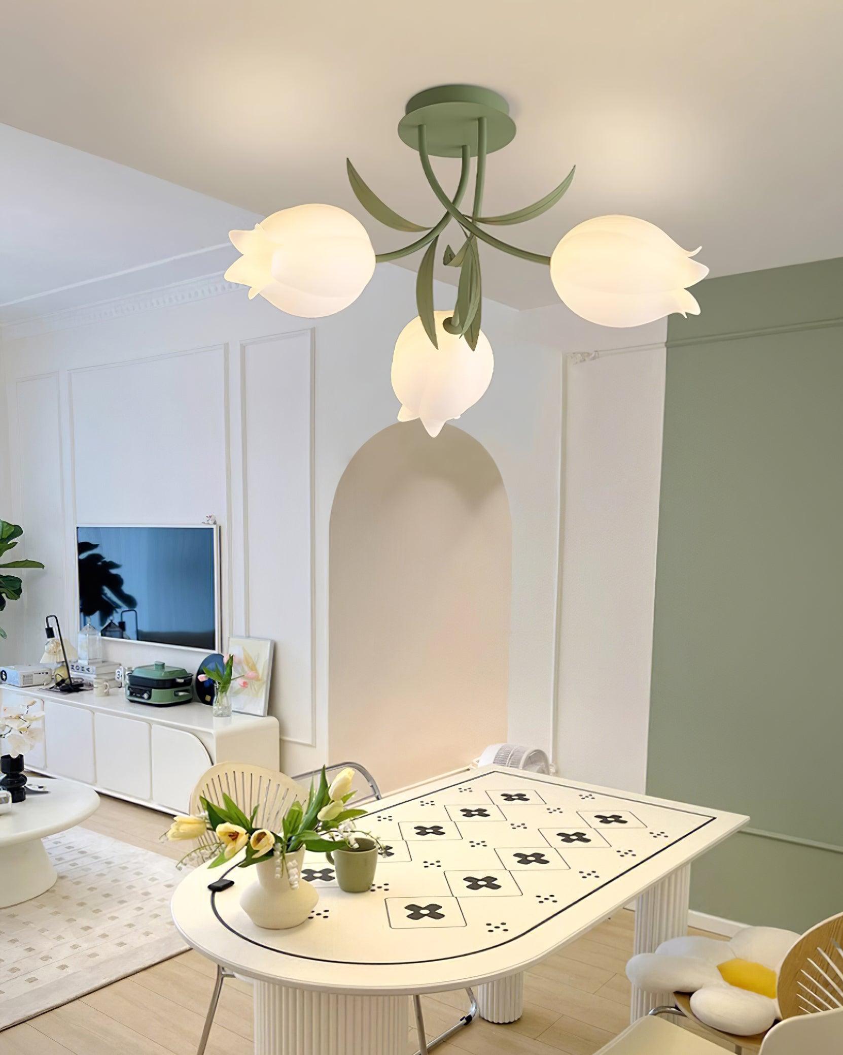 Ivory Ceiling Light Lily Flower Blossom Green Base-Neutral Decor