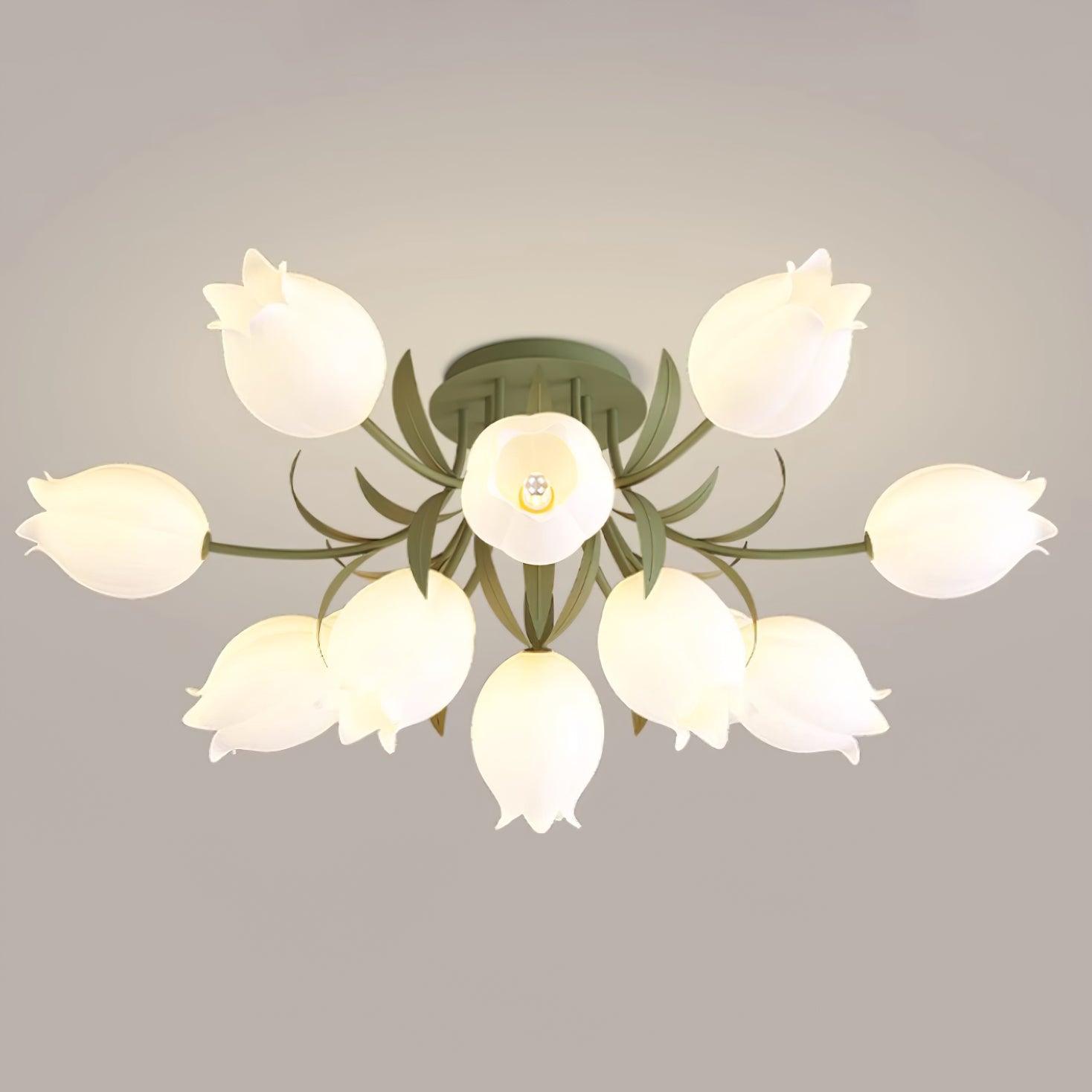 Ivory Ceiling Light Lily Flower Blossom Green Base-Neutral Decor