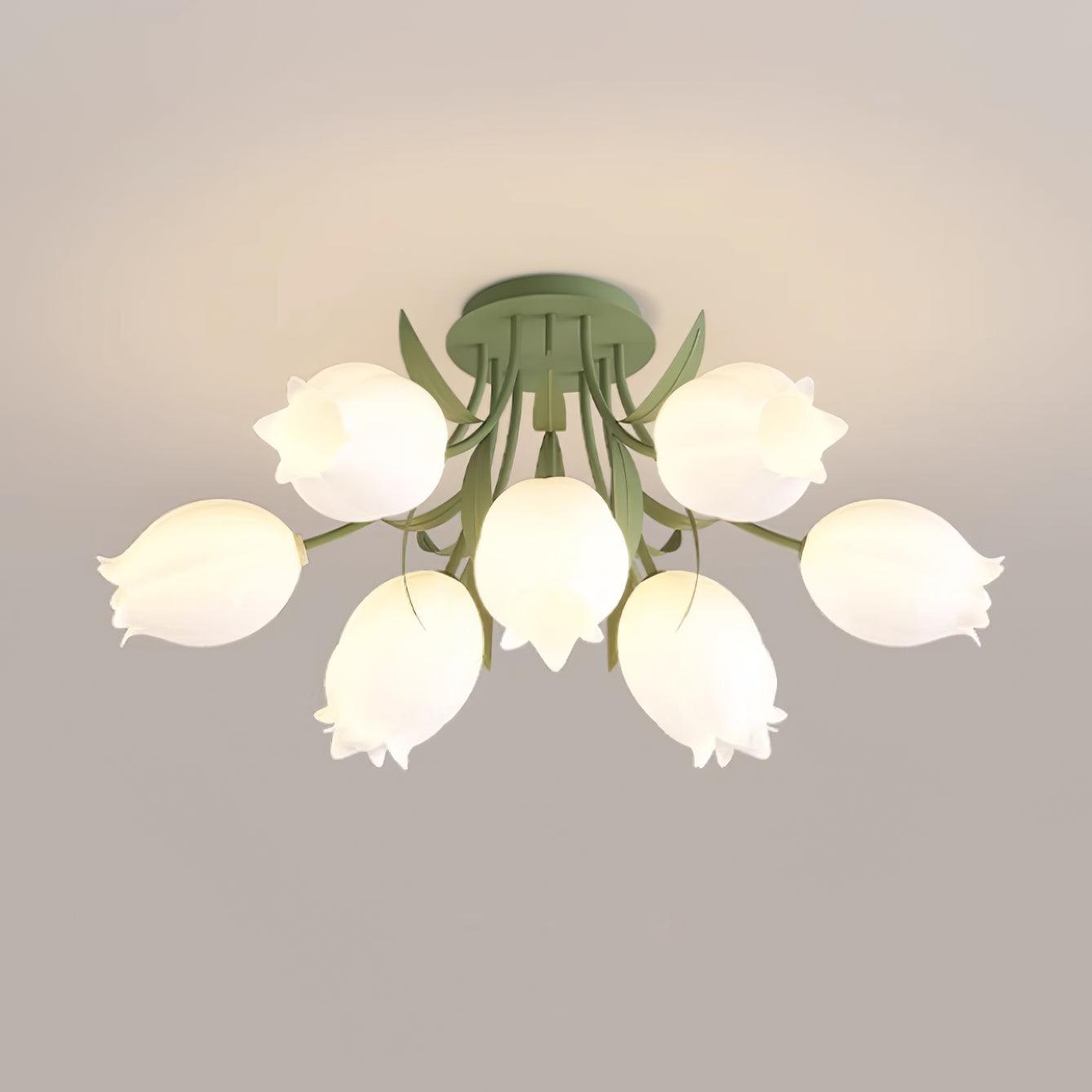 Ivory Ceiling Light Lily Flower Blossom Green Base-Neutral Decor