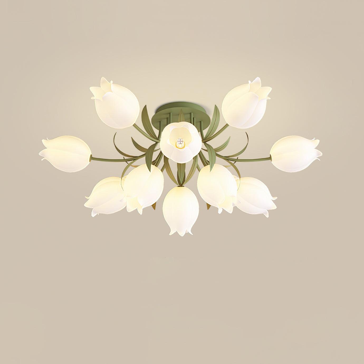 Ivory Ceiling Light Lily Flower Blossom Green Base-Neutral Decor
