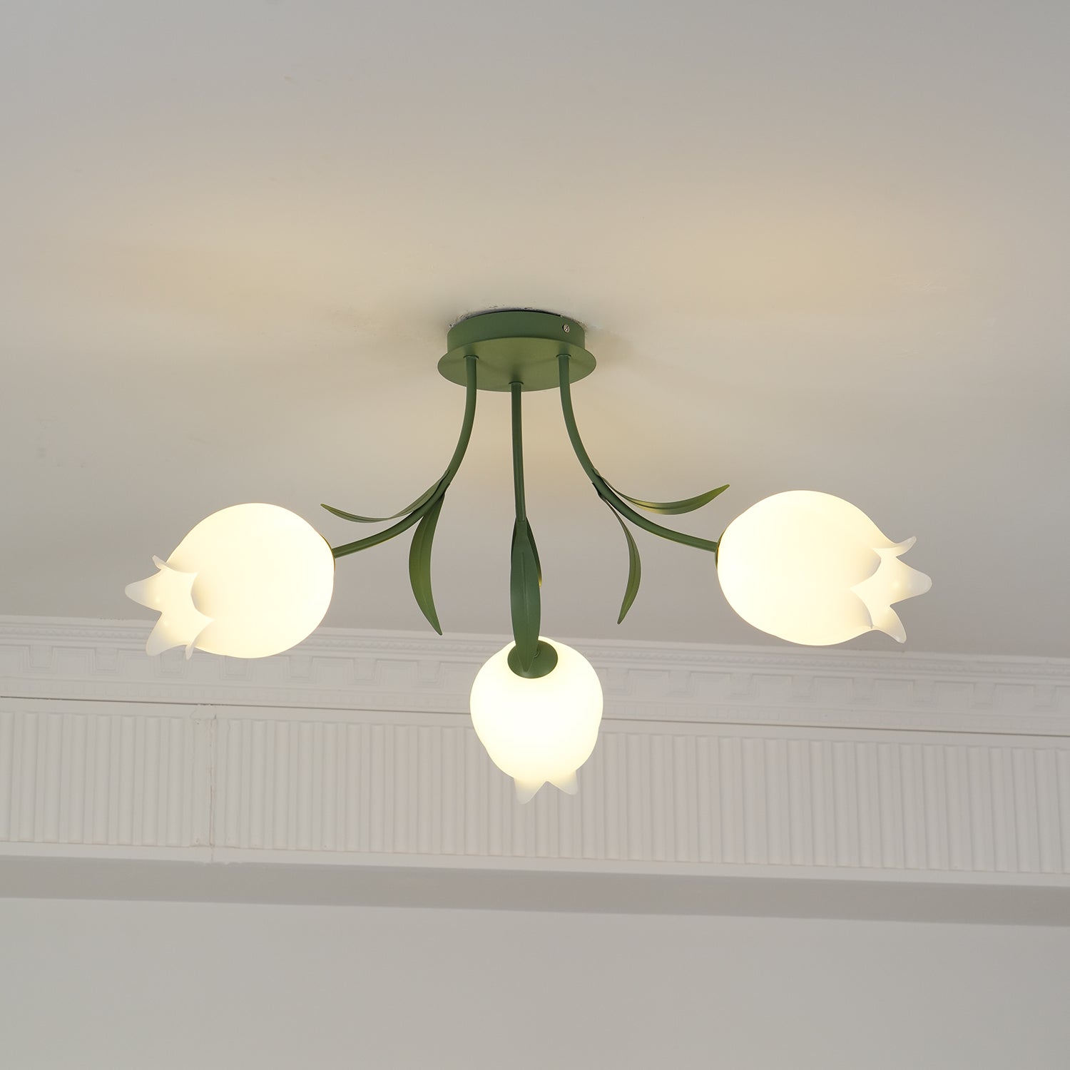 Ivory Ceiling Light Lily Flower Blossom Green Base-Neutral Decor
