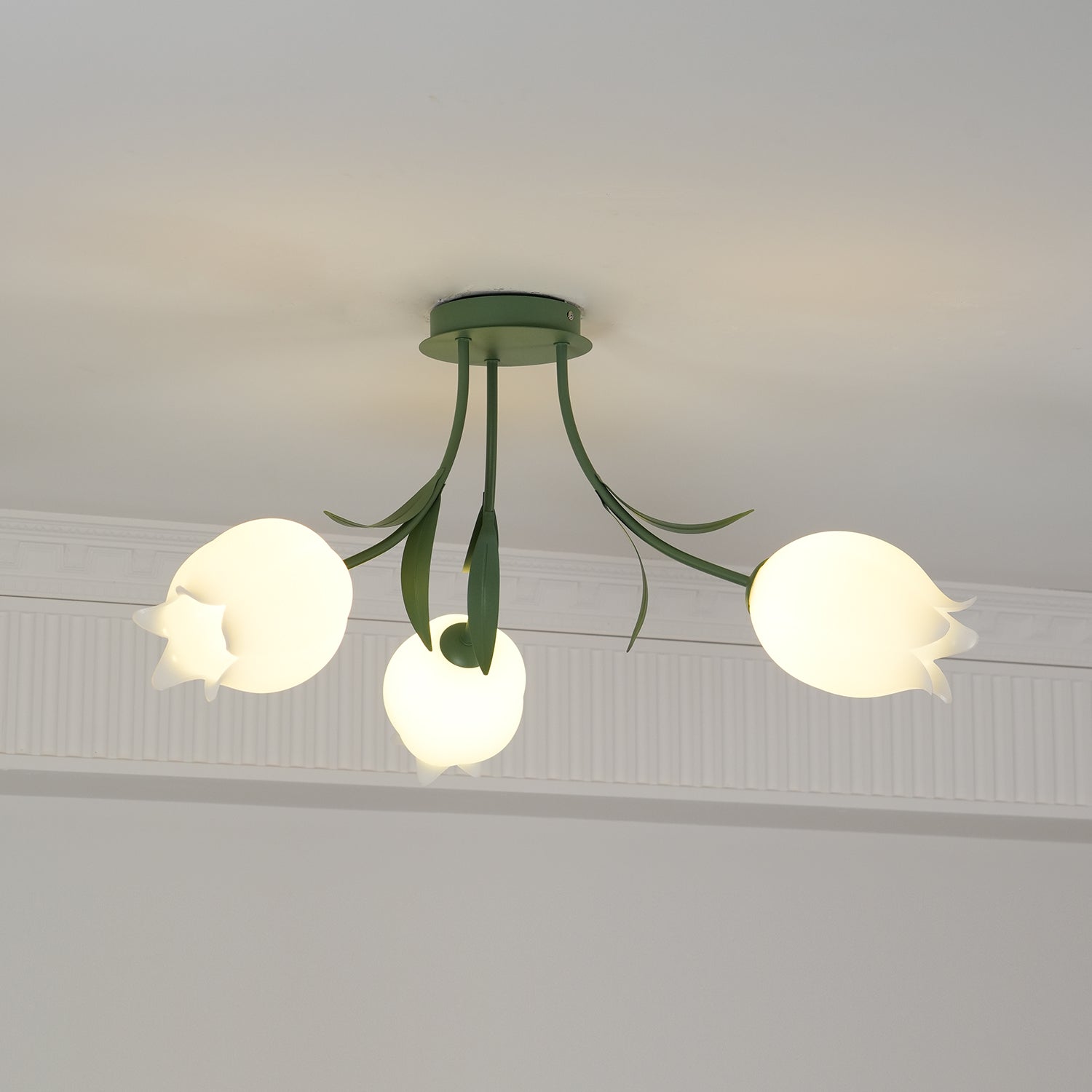 Ivory Ceiling Light Lily Flower Blossom Green Base-Neutral Decor