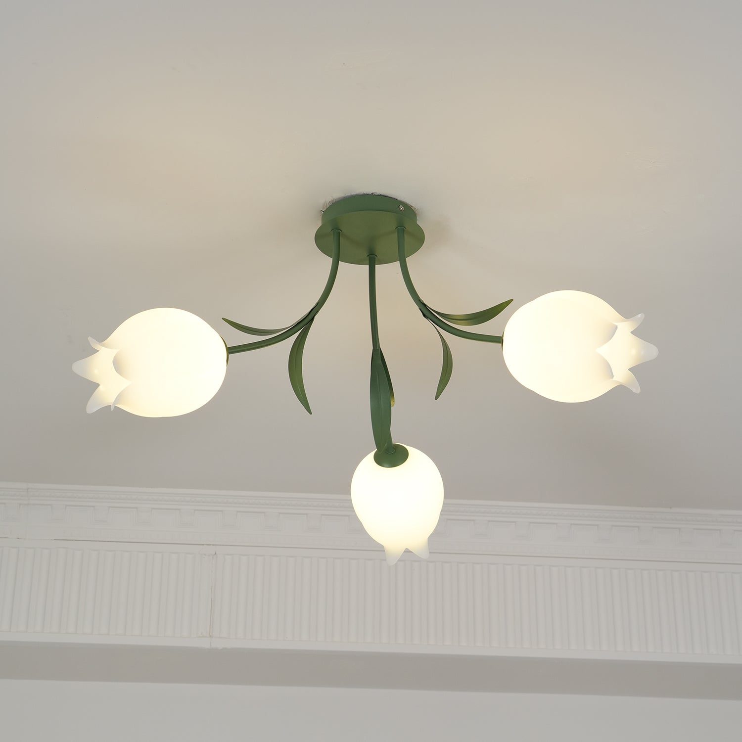 Ivory Ceiling Light Lily Flower Blossom Green Base-Neutral Decor