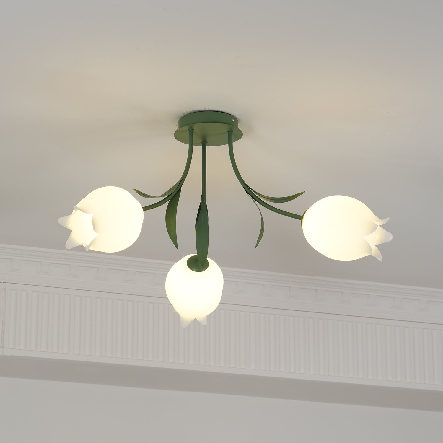 Ivory Ceiling Light Lily Flower Blossom Green Base-Neutral Decor
