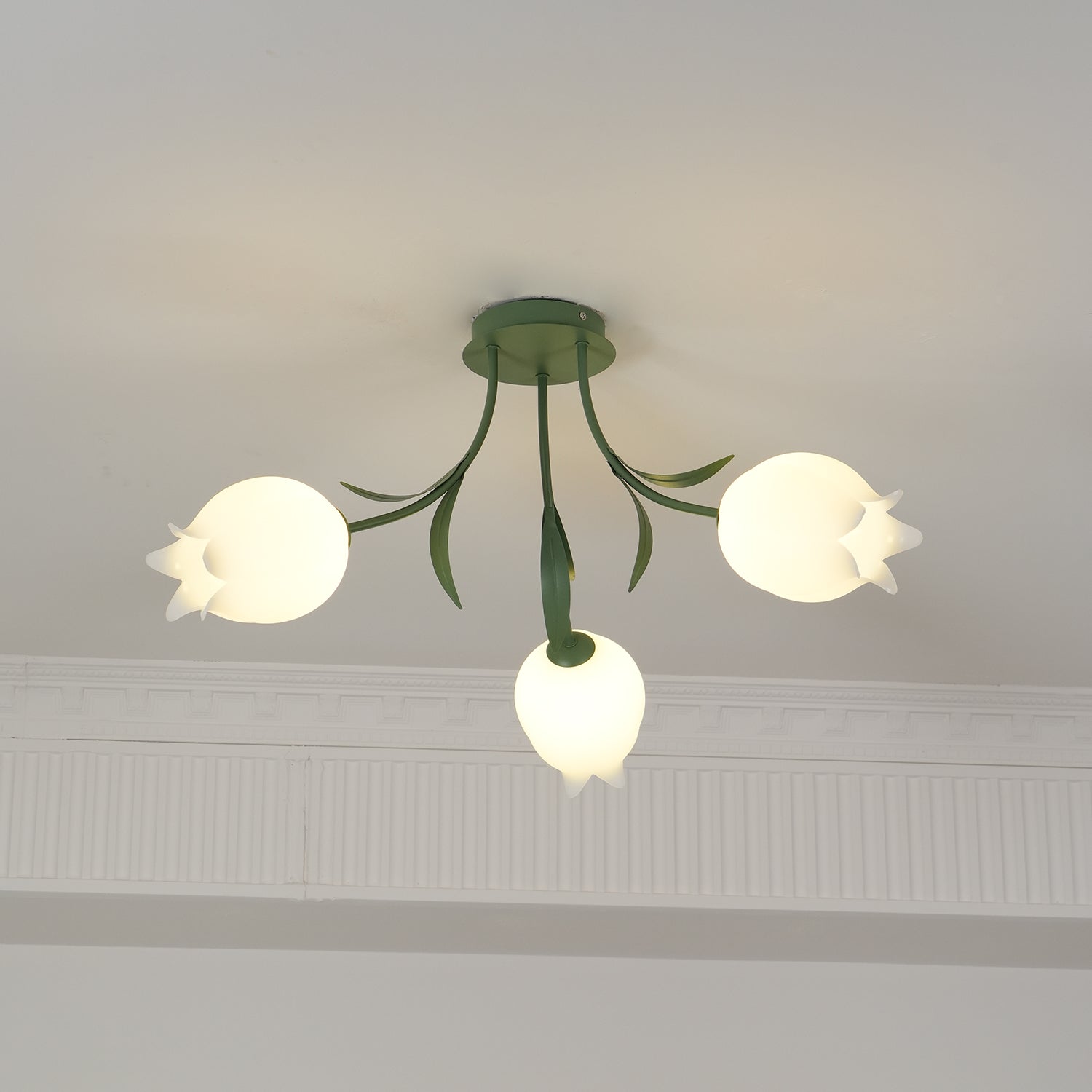 Ivory Ceiling Light Lily Flower Blossom Green Base-Neutral Decor