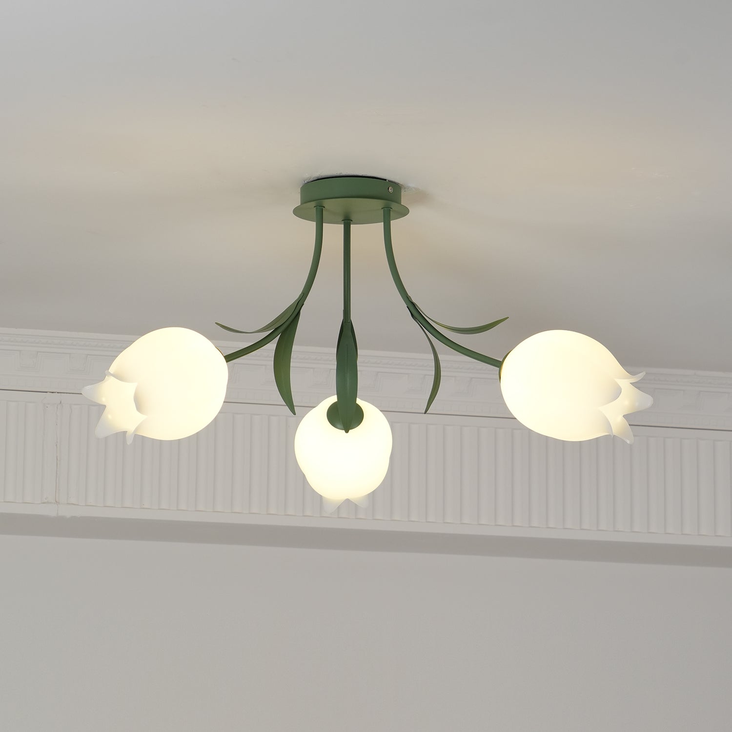 Ivory Ceiling Light Lily Flower Blossom Green Base-Neutral Decor