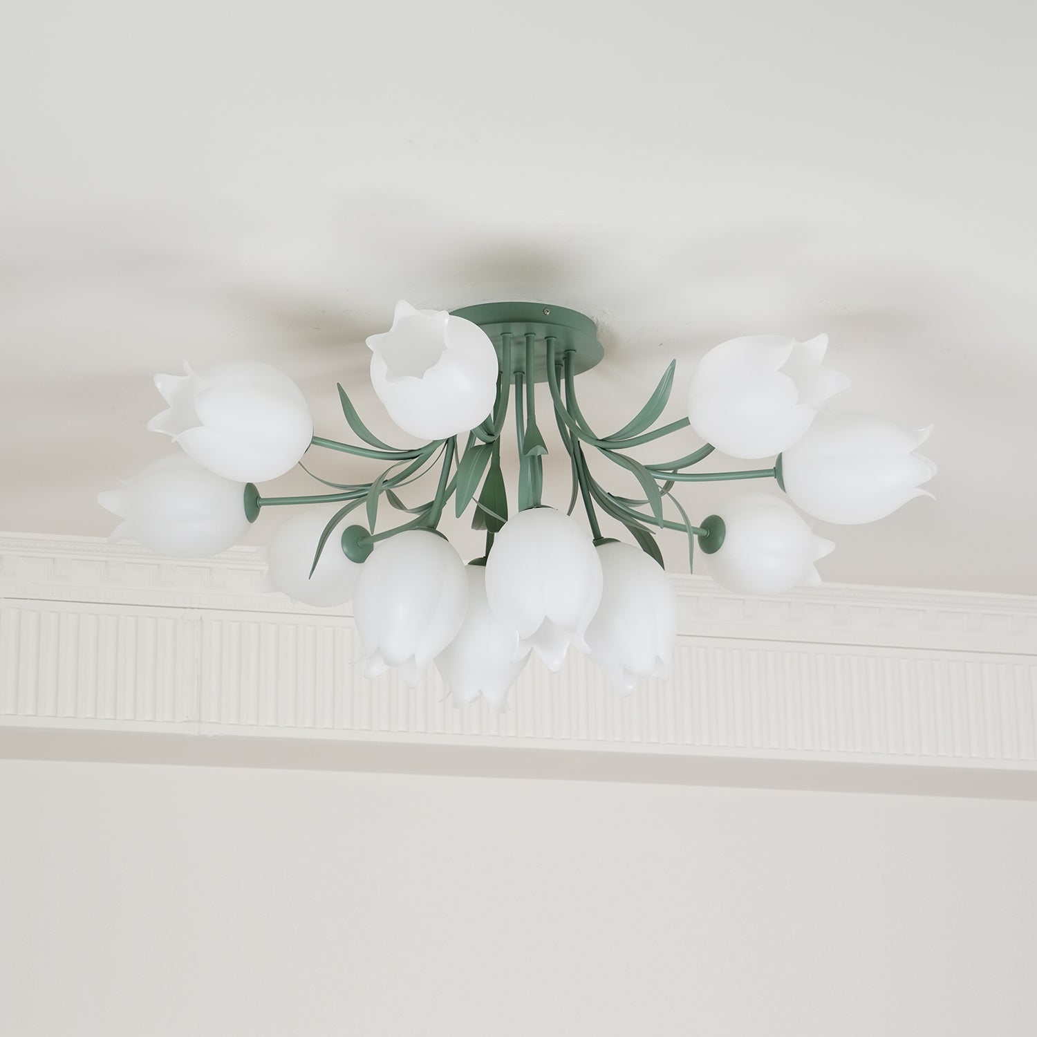 Ivory Ceiling Light Lily Flower Blossom Green Base-Neutral Decor