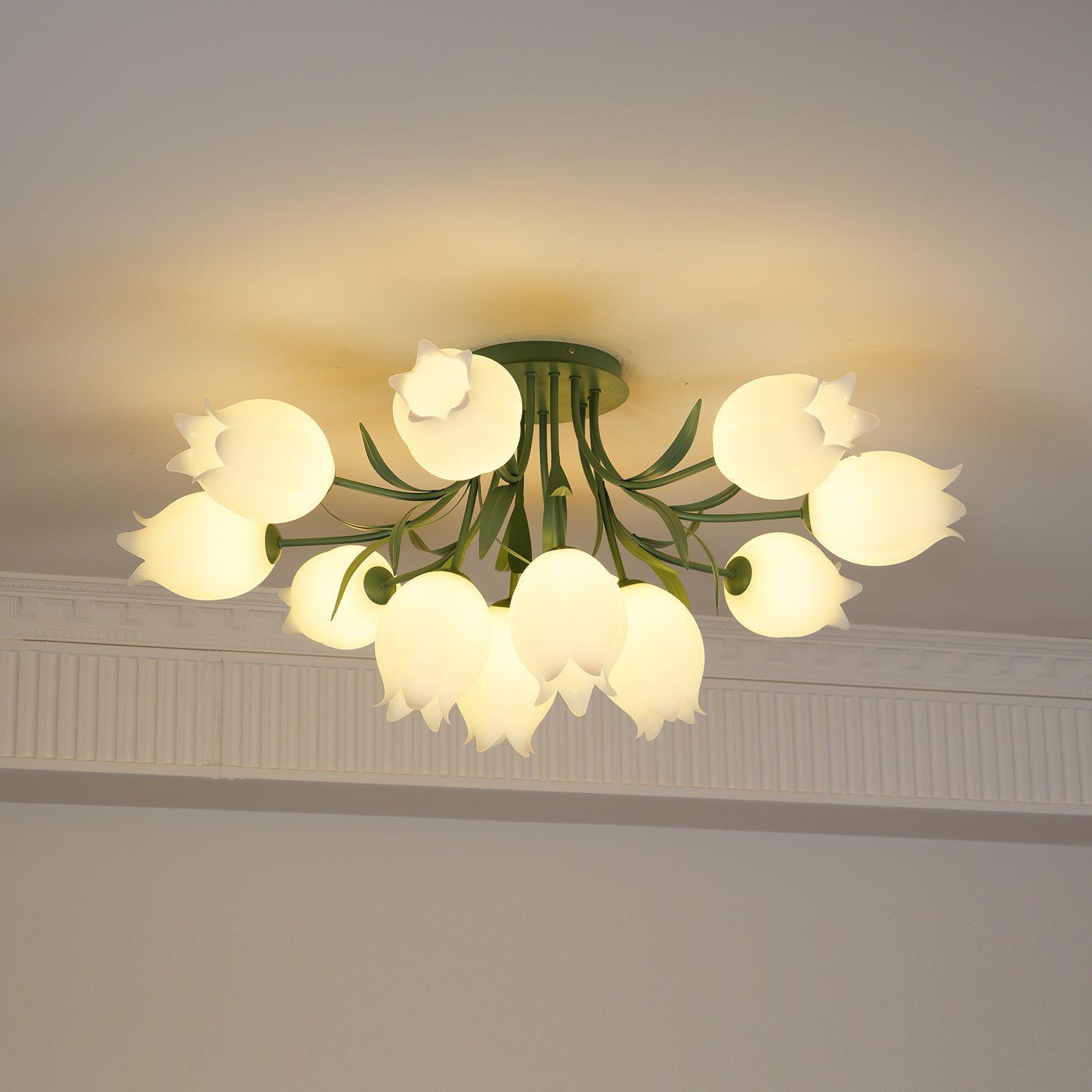 Ivory Ceiling Light Lily Flower Blossom Green Base-Neutral Decor