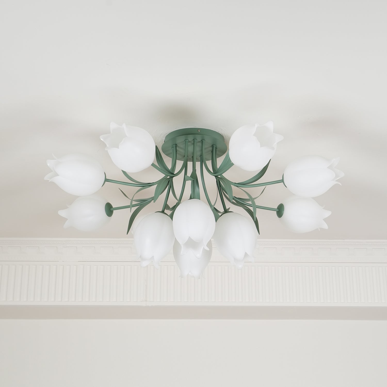 Ivory Ceiling Light Lily Flower Blossom Green Base-Neutral Decor