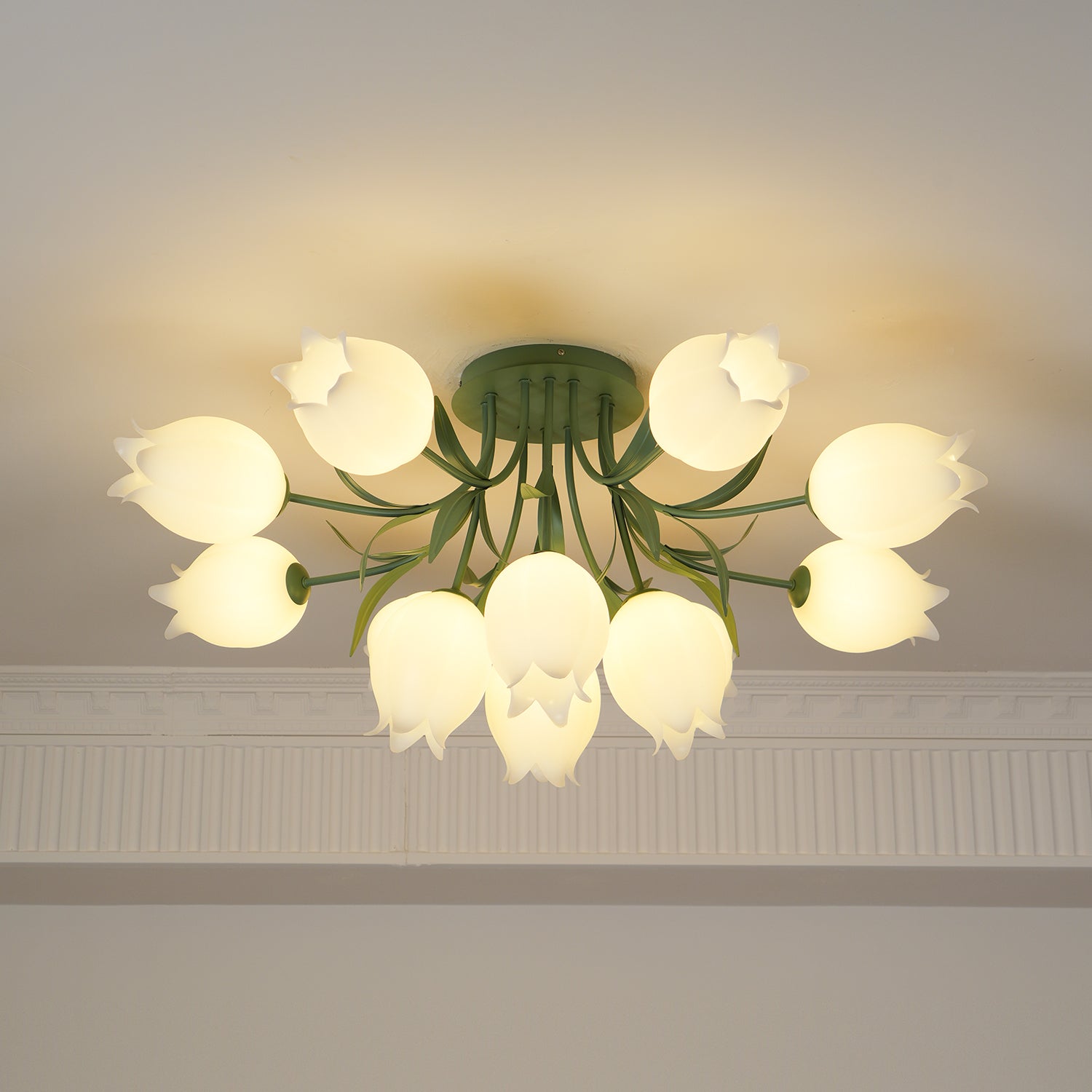 Ivory Ceiling Light Lily Flower Blossom Green Base-Neutral Decor