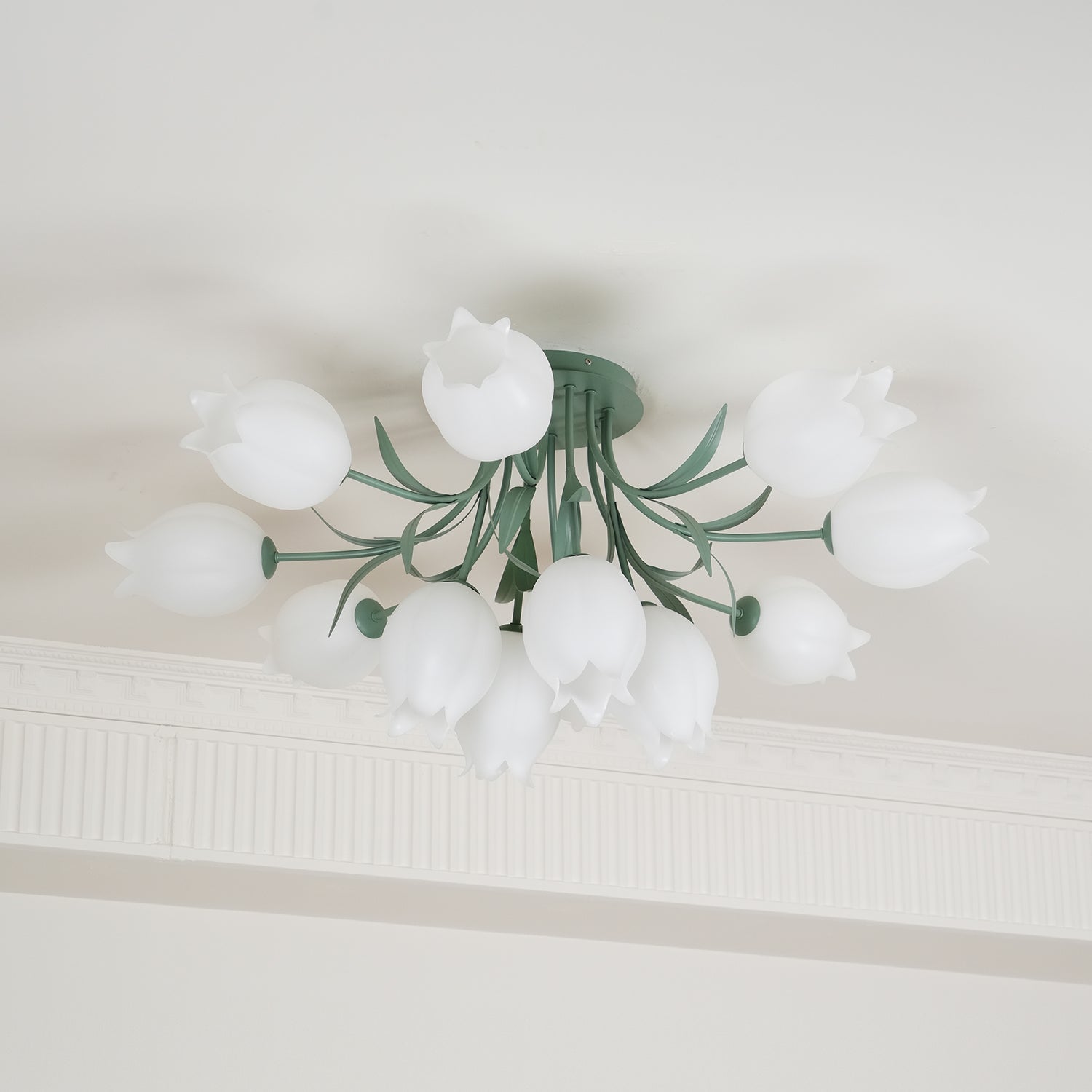 Ivory Ceiling Light Lily Flower Blossom Green Base-Neutral Decor