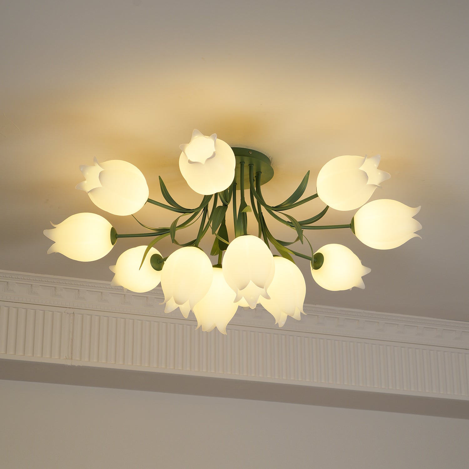 Ivory Ceiling Light Lily Flower Blossom Green Base-Neutral Decor