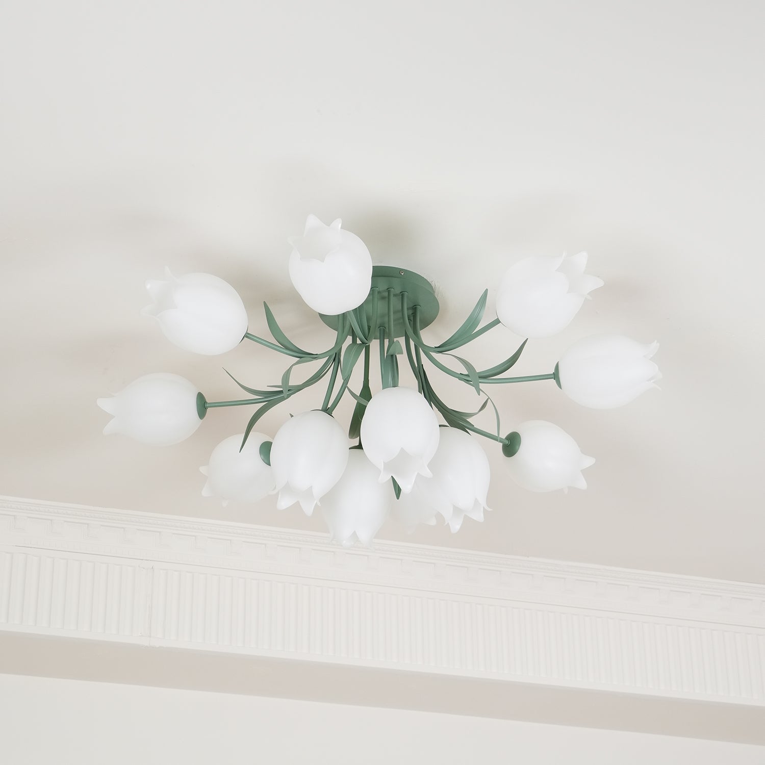 Ivory Ceiling Light Lily Flower Blossom Green Base-Neutral Decor