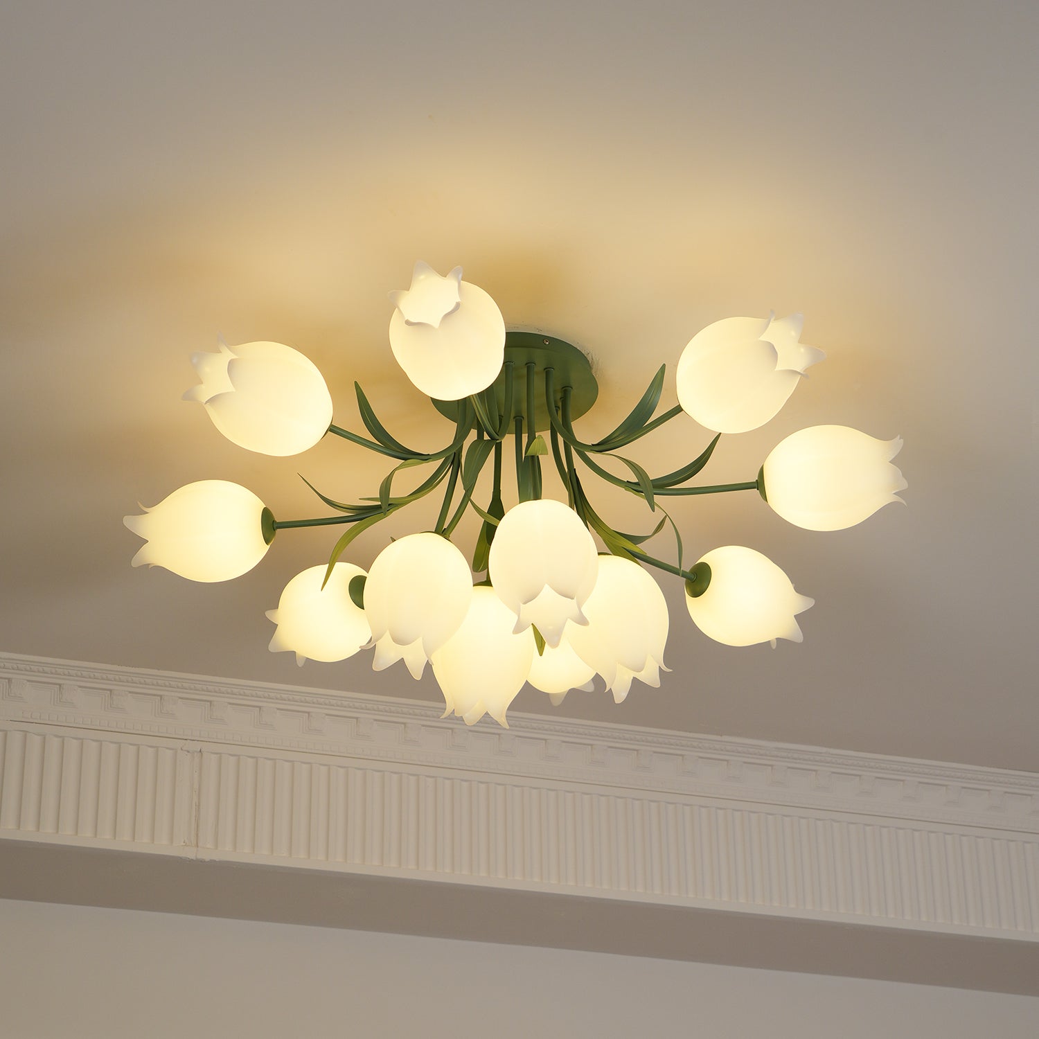 Ivory Ceiling Light Lily Flower Blossom Green Base-Neutral Decor