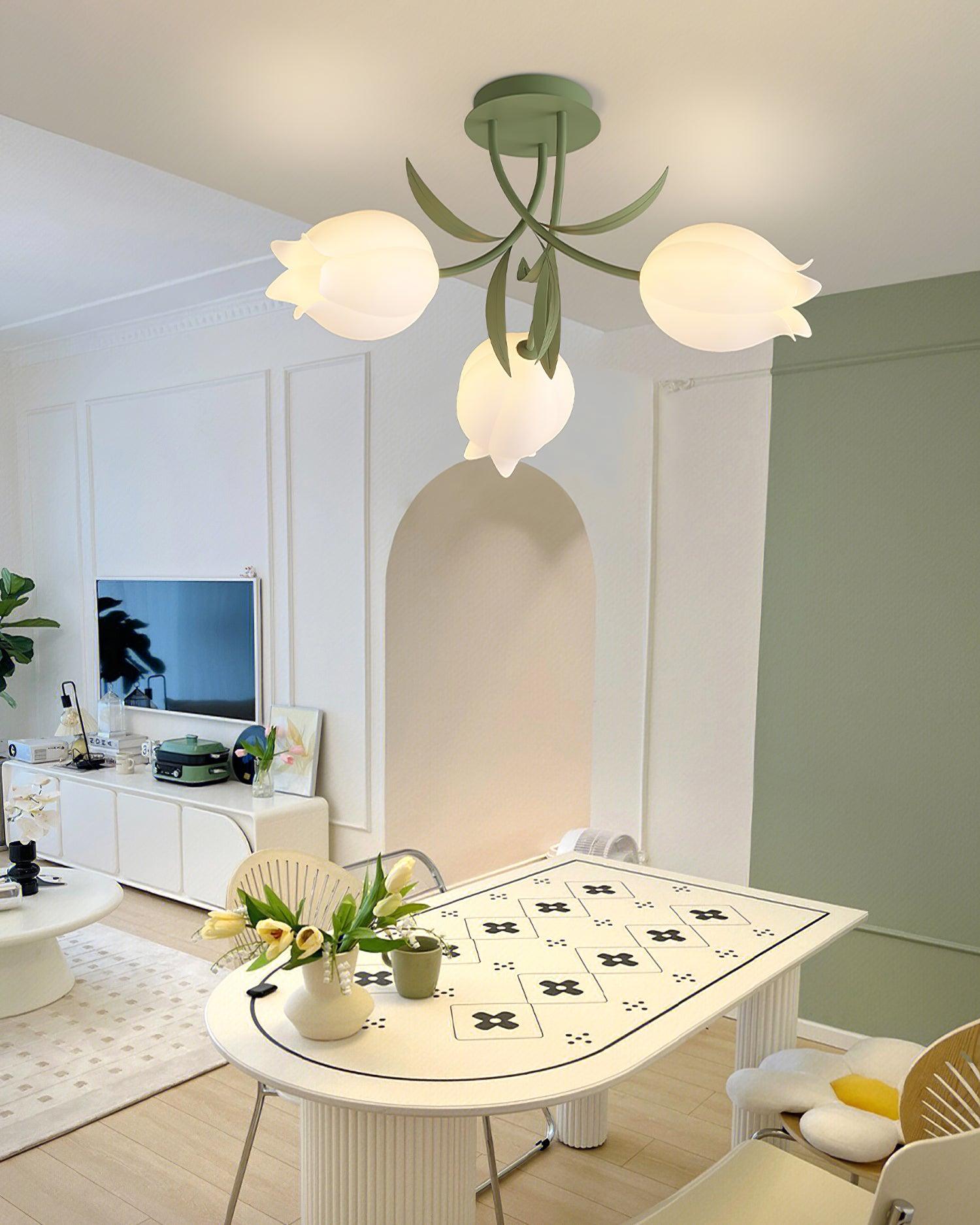 Ivory Ceiling Light Lily Flower Blossom Green Base-Neutral Decor