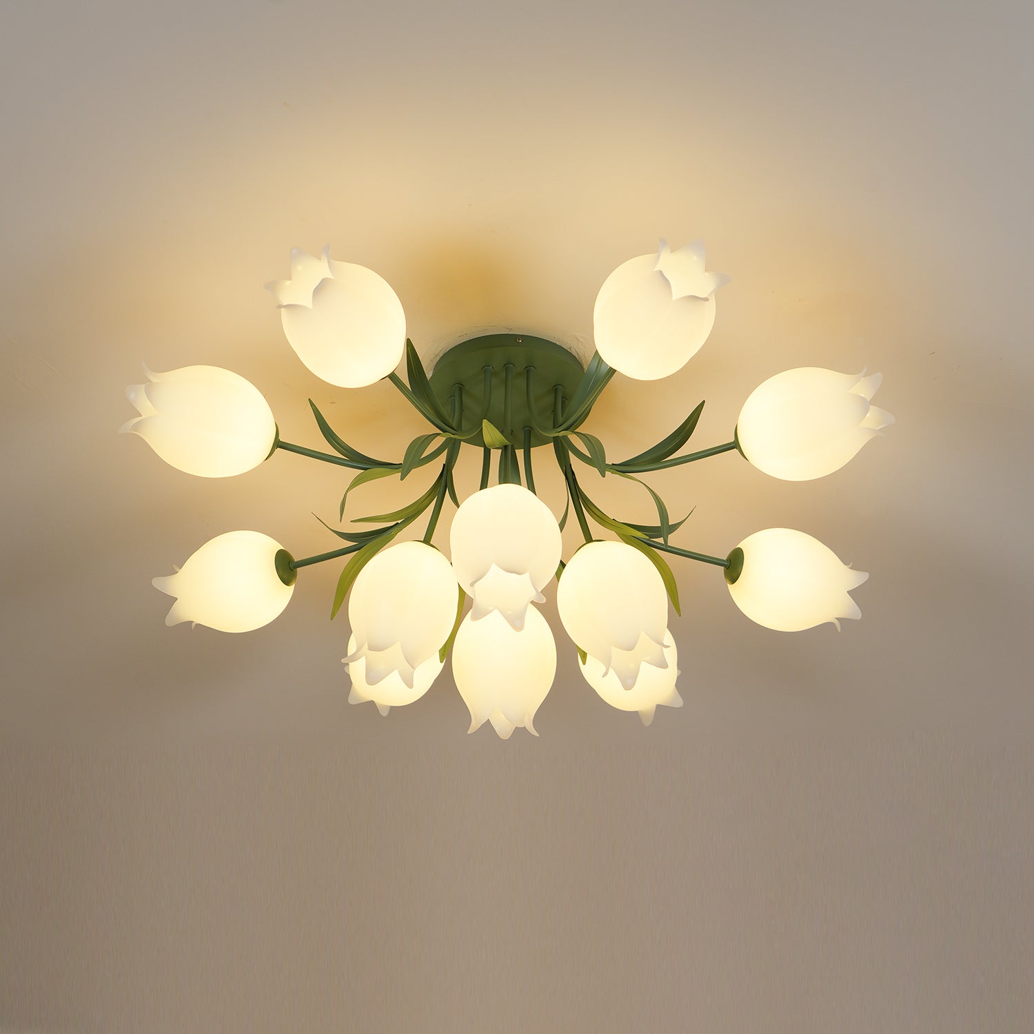 Ivory Ceiling Light Lily Flower Blossom Green Base-Neutral Decor