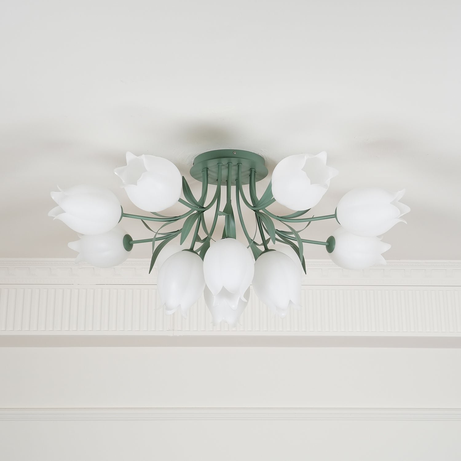 Ivory Ceiling Light Lily Flower Blossom Green Base-Neutral Decor