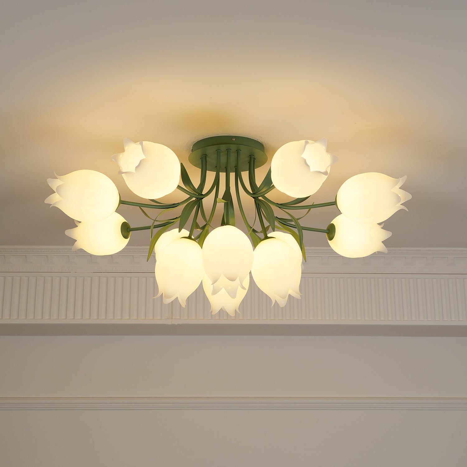 Ivory Ceiling Light Lily Flower Blossom Green Base-Neutral Decor