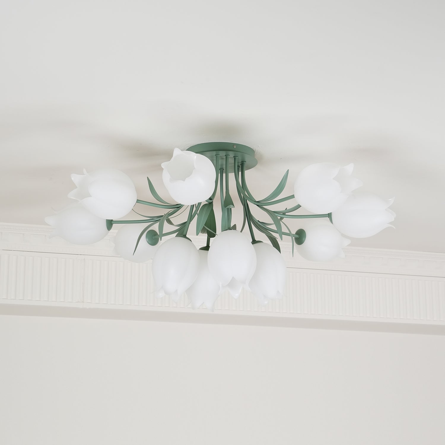 Ivory Ceiling Light Lily Flower Blossom Green Base-Neutral Decor