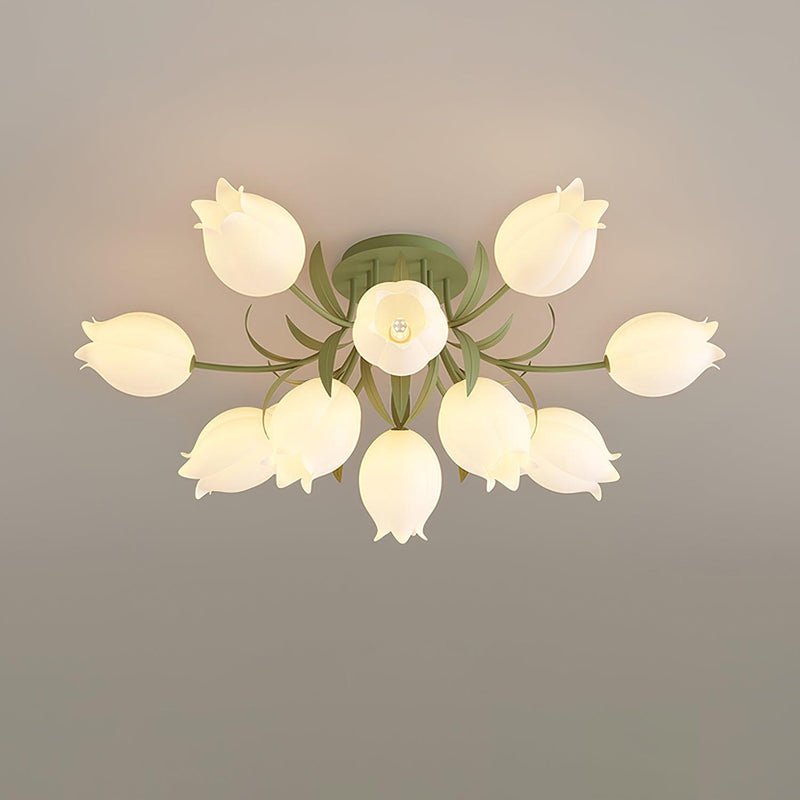 Ivory Ceiling Light Lily Flower Blossom Green Base-Neutral Decor