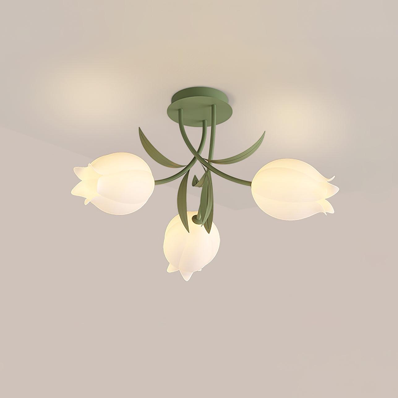 Ivory Ceiling Light Lily Flower Blossom Green Base-Neutral Decor