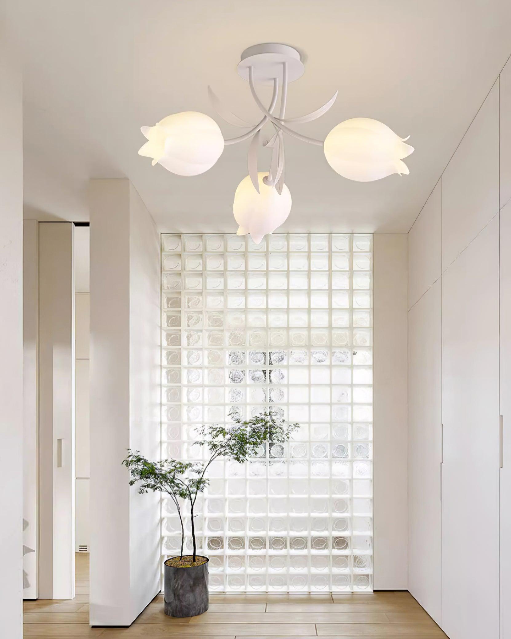 Ivory Ceiling Light Lily Flower Blossom Green Base-Neutral Decor