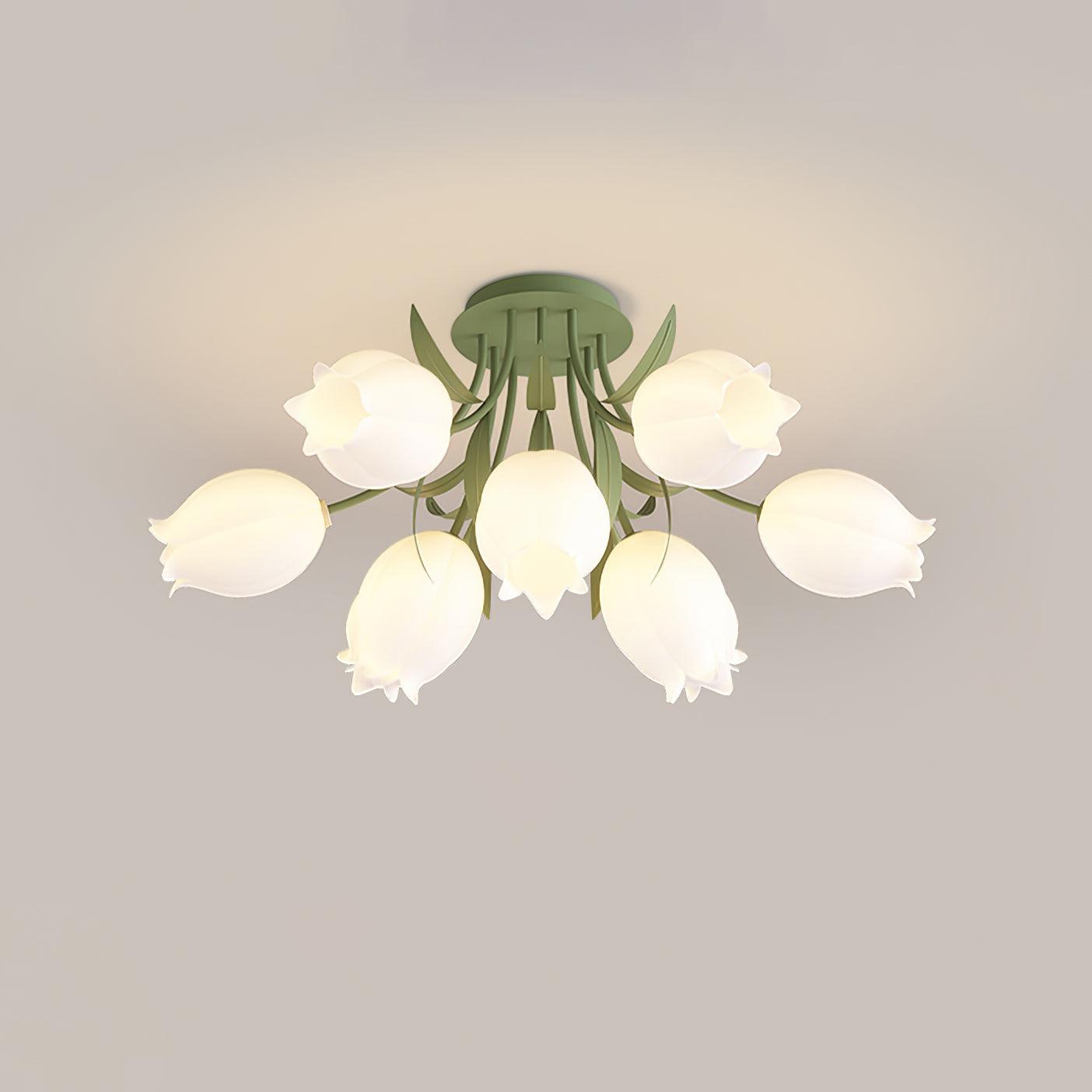 Ivory Ceiling Light Lily Flower Blossom Green Base-Neutral Decor