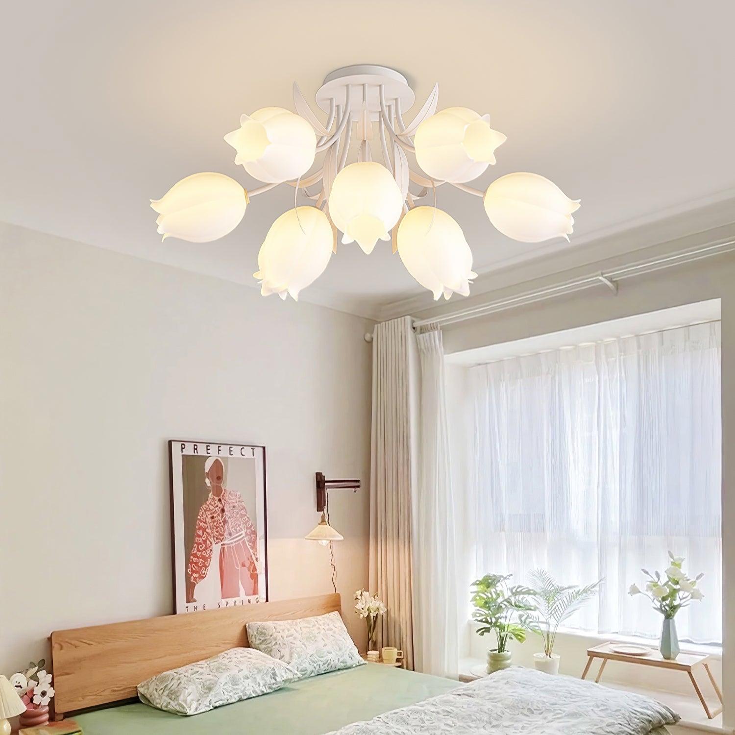 Ivory Ceiling Light Lily Flower Blossom Green Base-Neutral Decor