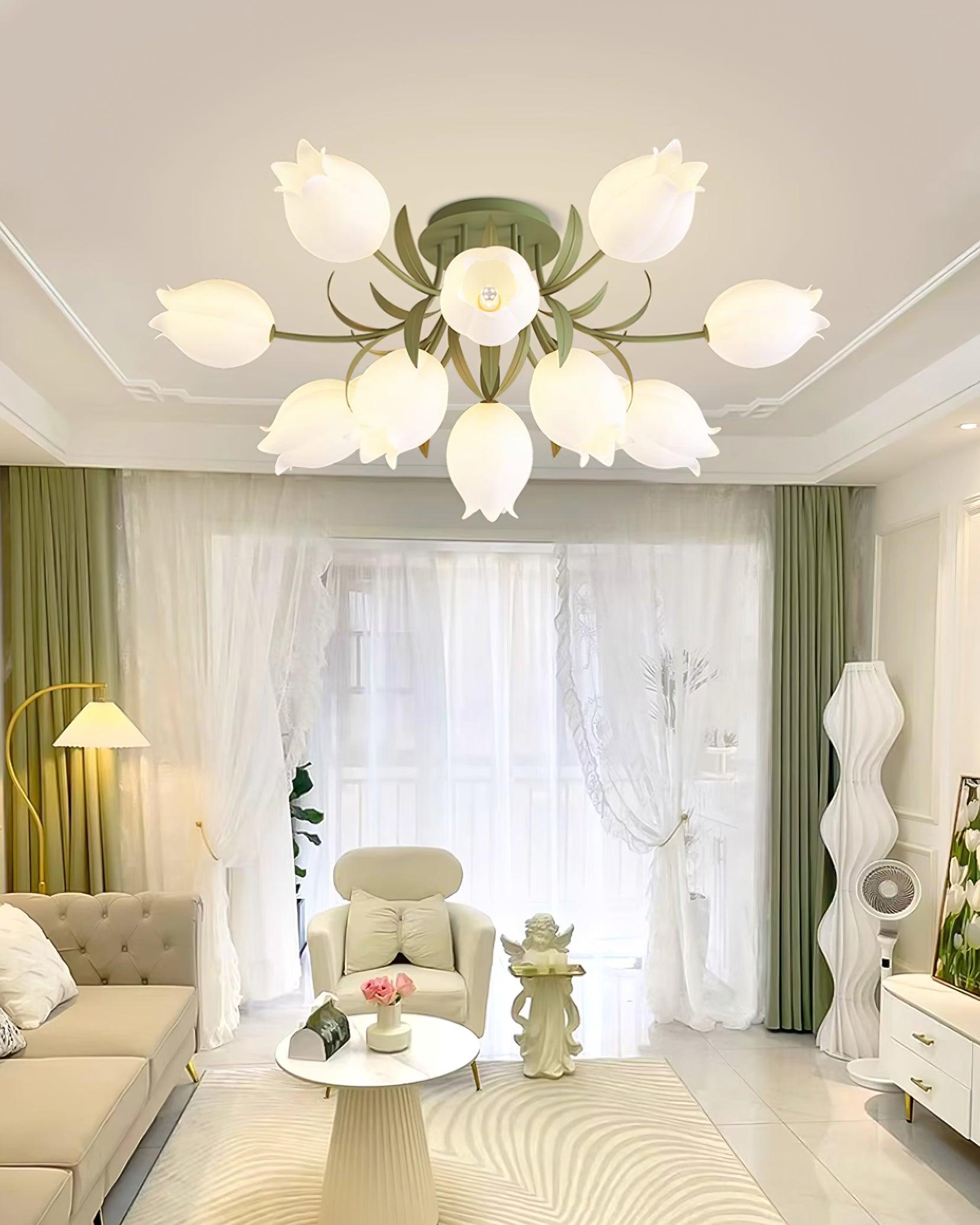 Ivory Ceiling Light Lily Flower Blossom Green Base-Neutral Decor