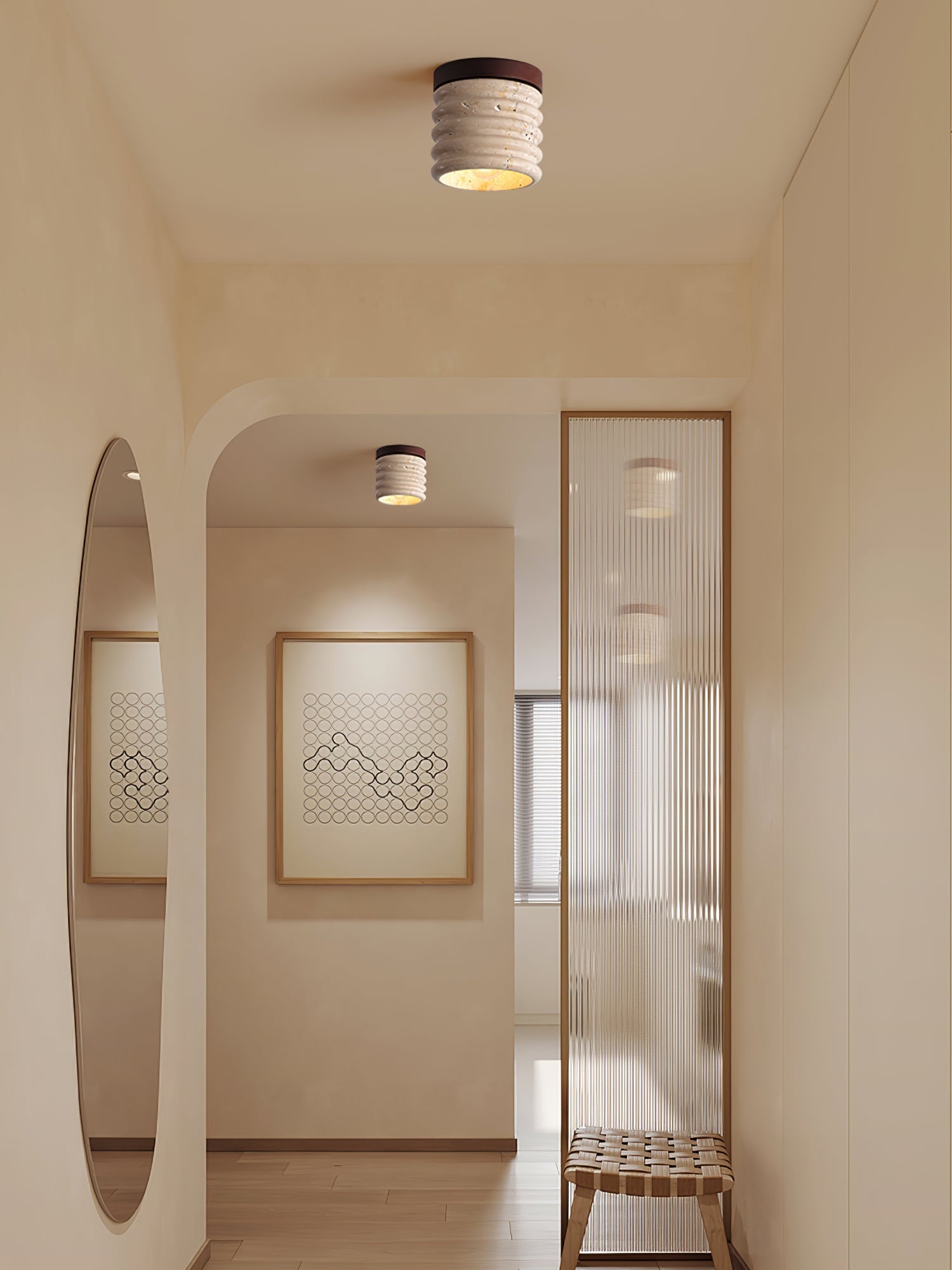 Vomaran Fluted Cylinder Travertine Ceiling Light-Neutral Decor